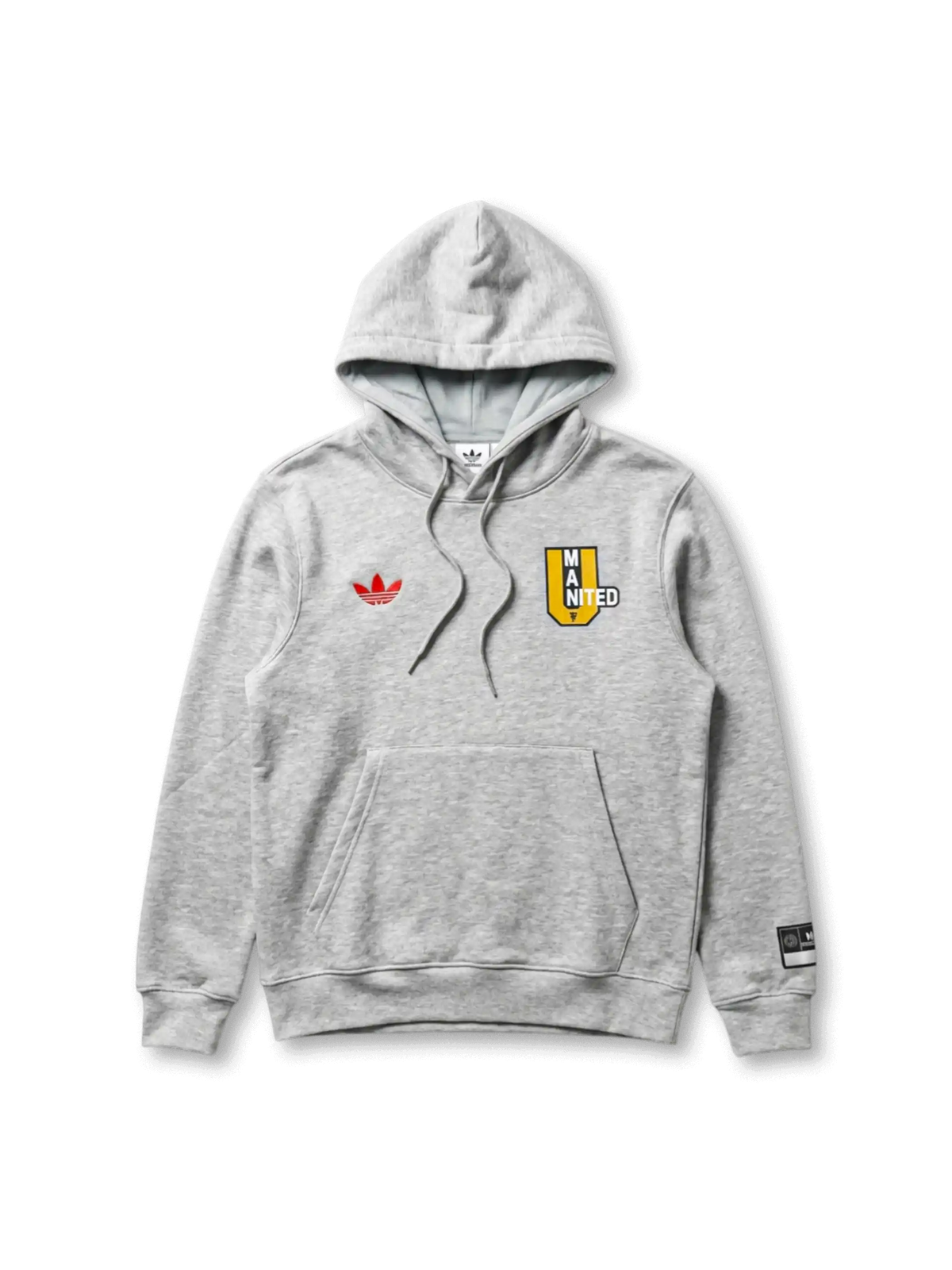 Manchester United adidas Originals grey marl collegiate hoodie with red Trefoil at left chest, yellow MAN UNITED shield badge at right chest, and co-branded woven label at sleeve