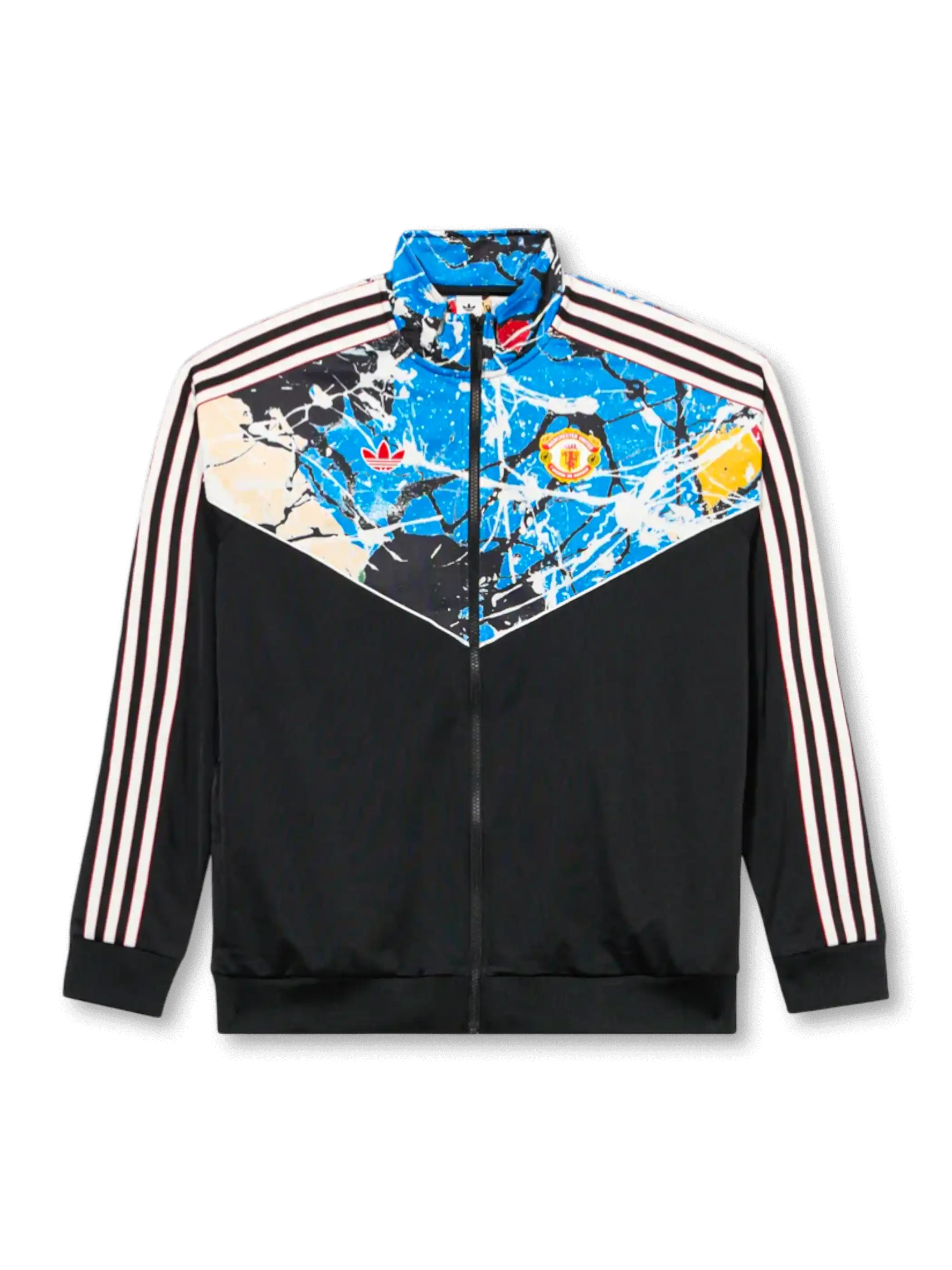 Manchester United × adidas Originals × The Stone Roses black track jacket with paint-splatter chevron yoke panel, red devil crest and Trefoil within the artwork, off-white Three Stripes on sleeves