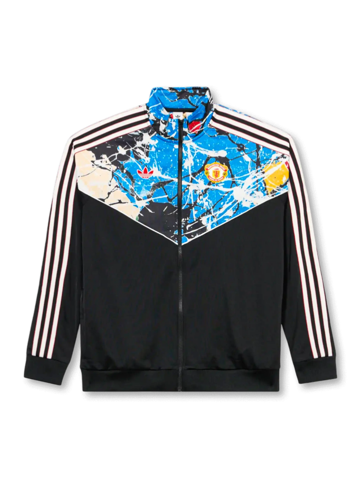 Manchester United × adidas Originals × The Stone Roses black track jacket with paint-splatter chevron yoke panel, red devil crest and Trefoil within the artwork, off-white Three Stripes on sleeves