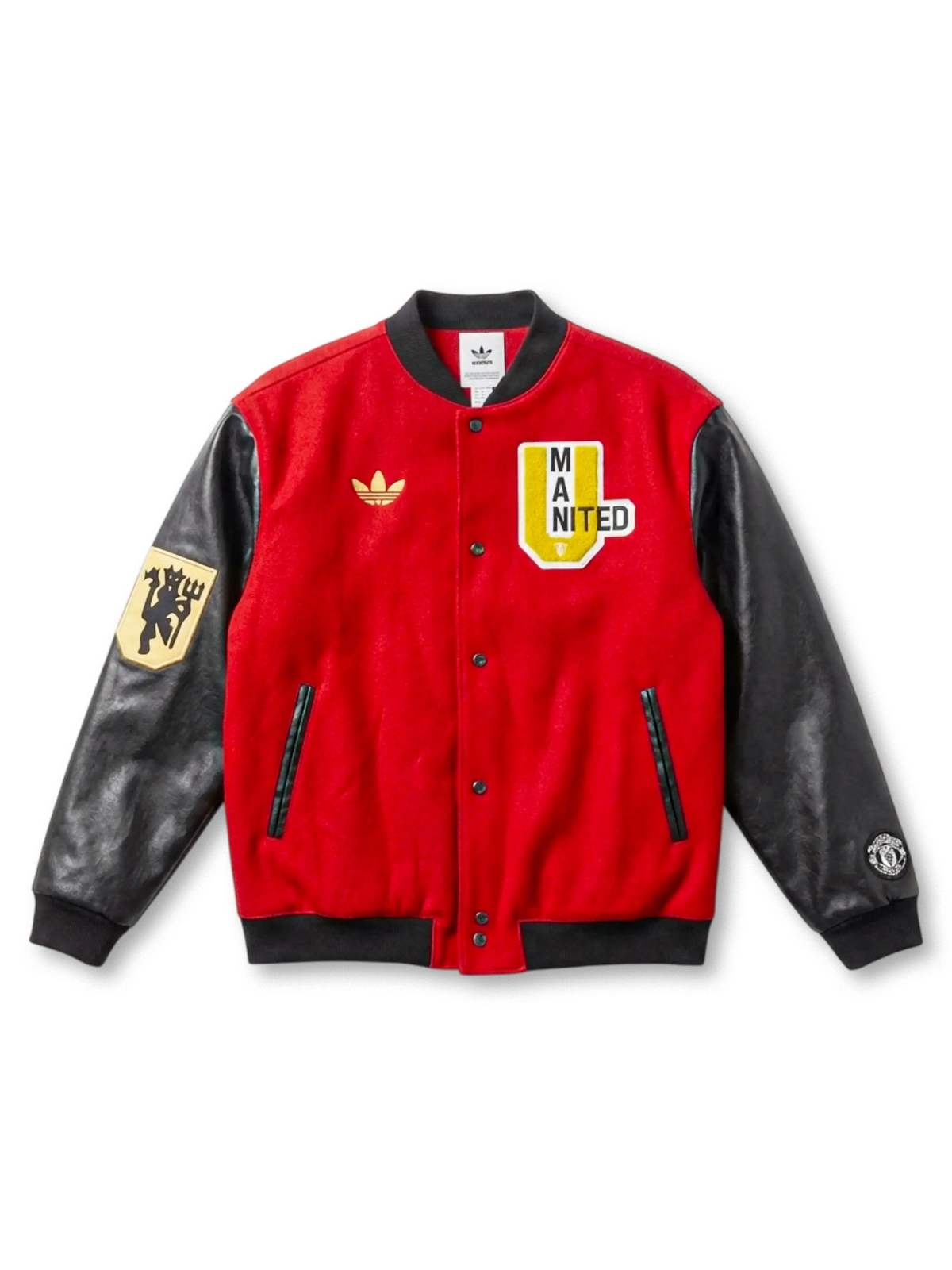 Manchester United adidas Originals varsity jacket in red wool with black leather sleeves, gold Trefoil at left chest, MAN UNITED collegiate shield patch at right chest, red devil embroidered patch on left sleeve