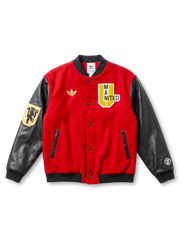 Manchester United adidas Originals varsity jacket in red wool with black leather sleeves, gold Trefoil at left chest, MAN UNITED collegiate shield patch at right chest, red devil embroidered patch on left sleeve