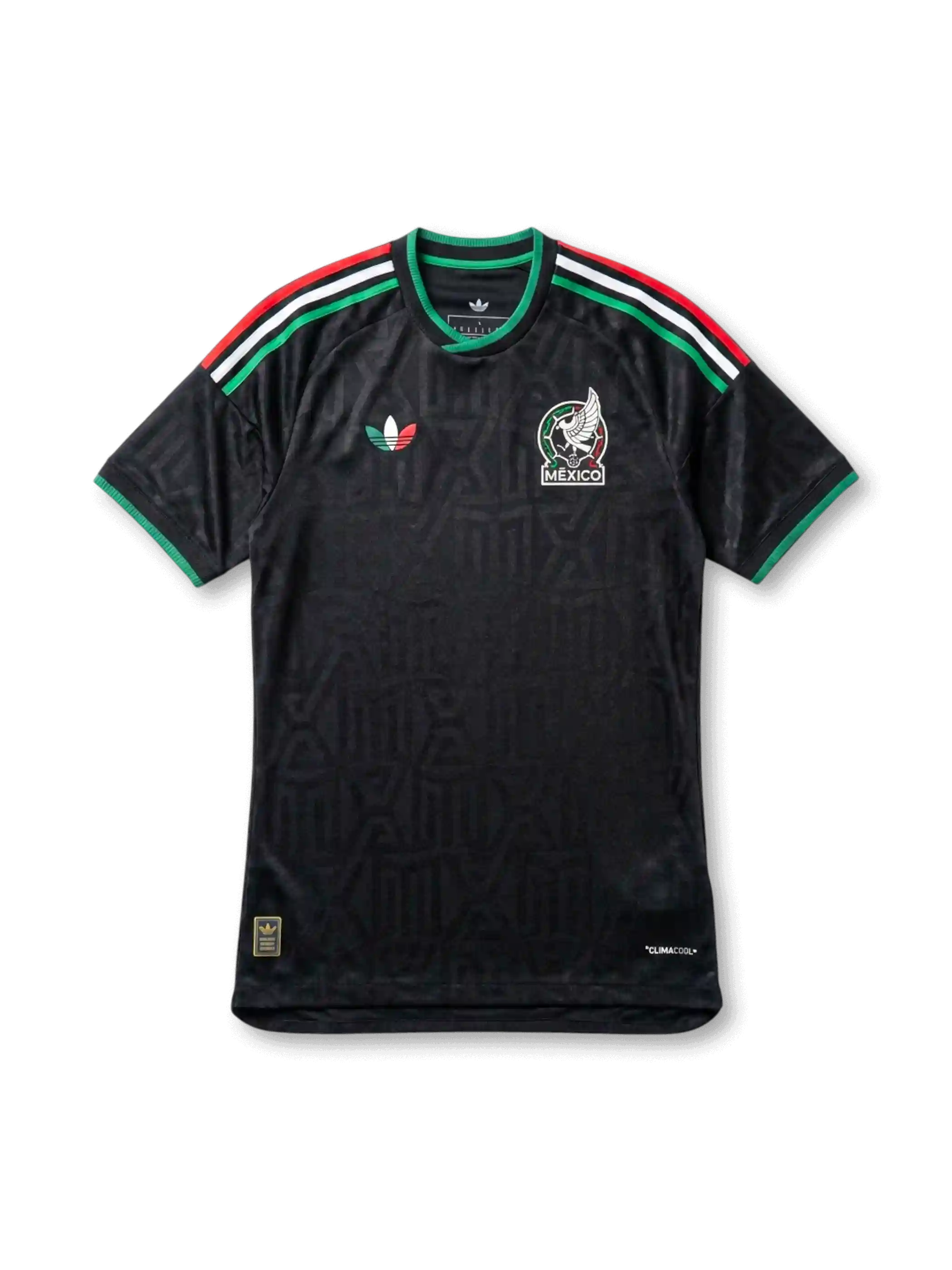 Mexico national team adidas 2026 World Cup Authentic (Player Issue) second away jersey in black with tonal Aztec geometric jacquard, tricolor green-white-red Three Stripes, tricolor Trefoil at left chest, FMF eagle crest at right chest, green collar and cuffs