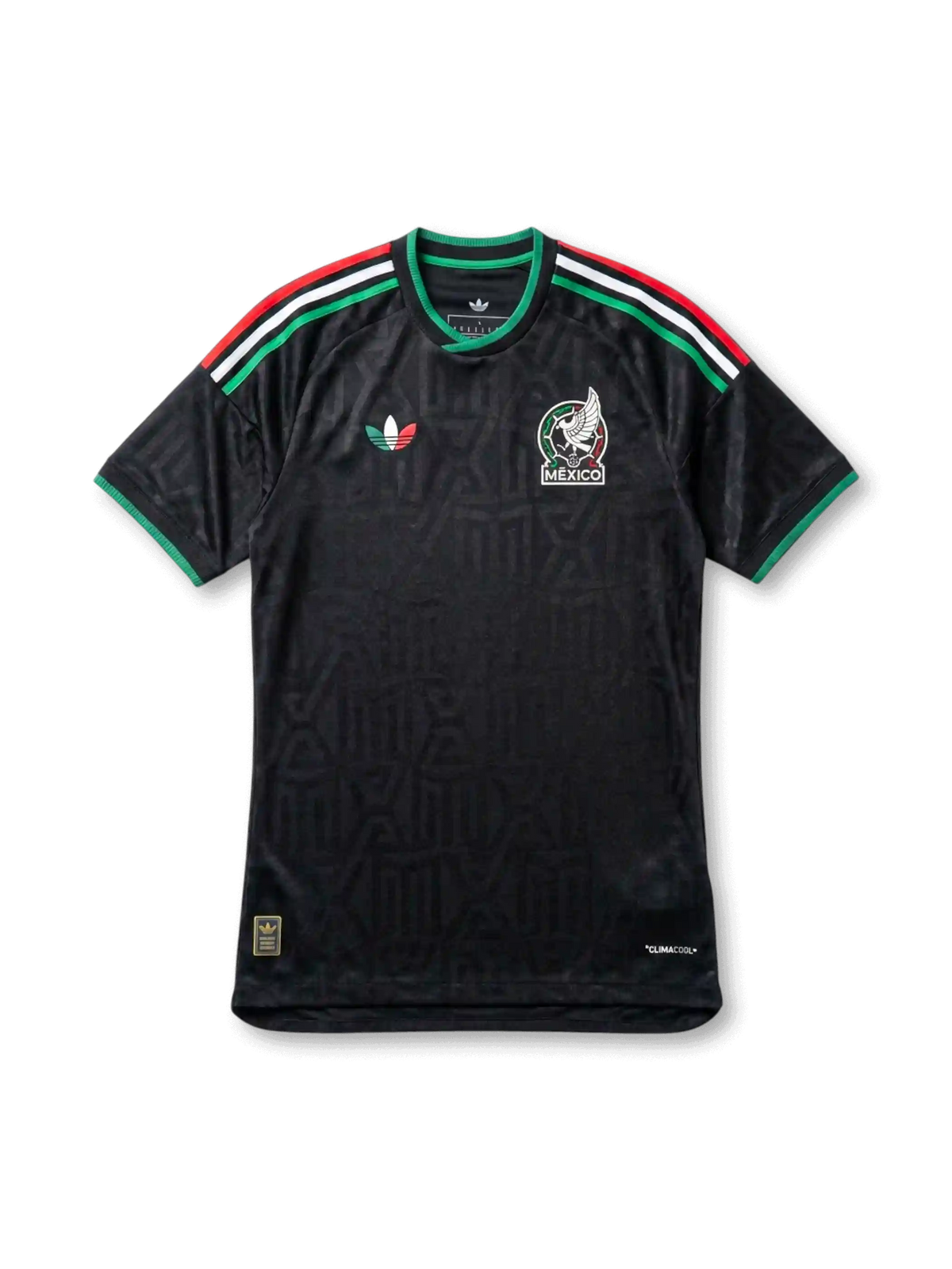 Mexico national team adidas 2026 World Cup Authentic (Player Issue) second away jersey in black with tonal Aztec geometric jacquard, tricolor green-white-red Three Stripes, tricolor Trefoil at left chest, FMF eagle crest at right chest, green collar and cuffs