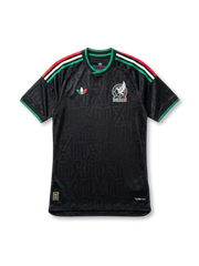 Mexico national team adidas 2026 World Cup Authentic (Player Issue) second away jersey in black with tonal Aztec geometric jacquard, tricolor green-white-red Three Stripes, tricolor Trefoil at left chest, FMF eagle crest at right chest, green collar and cuffs