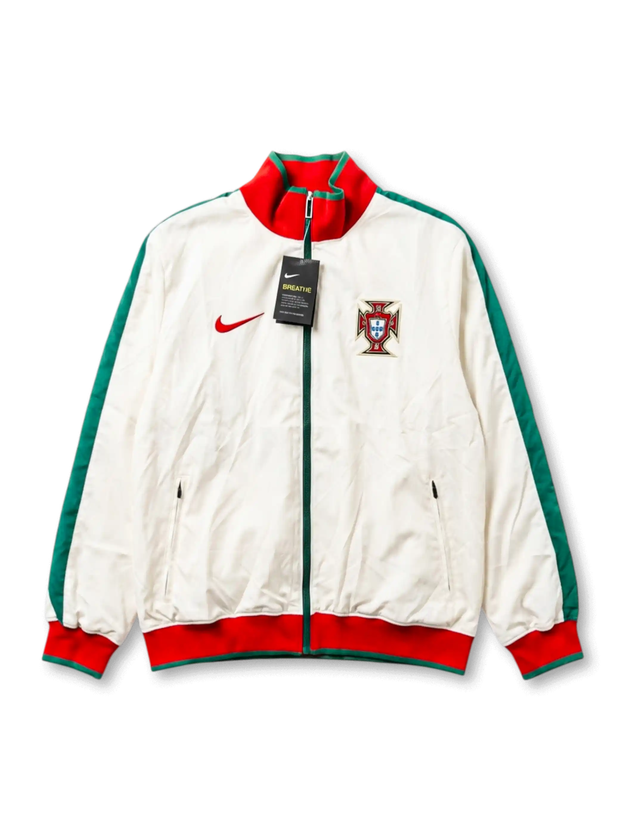 Deadstock Portugal national team Nike training track jacket in white with green sleeves, red and green ribbed collar and cuffs, embroidered FPF crest at right chest, red Swoosh at left, original tags attached