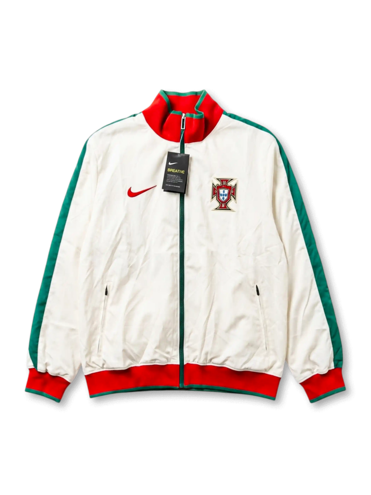 Deadstock Portugal national team Nike training track jacket in white with green sleeves, red and green ribbed collar and cuffs, embroidered FPF crest at right chest, red Swoosh at left, original tags attached