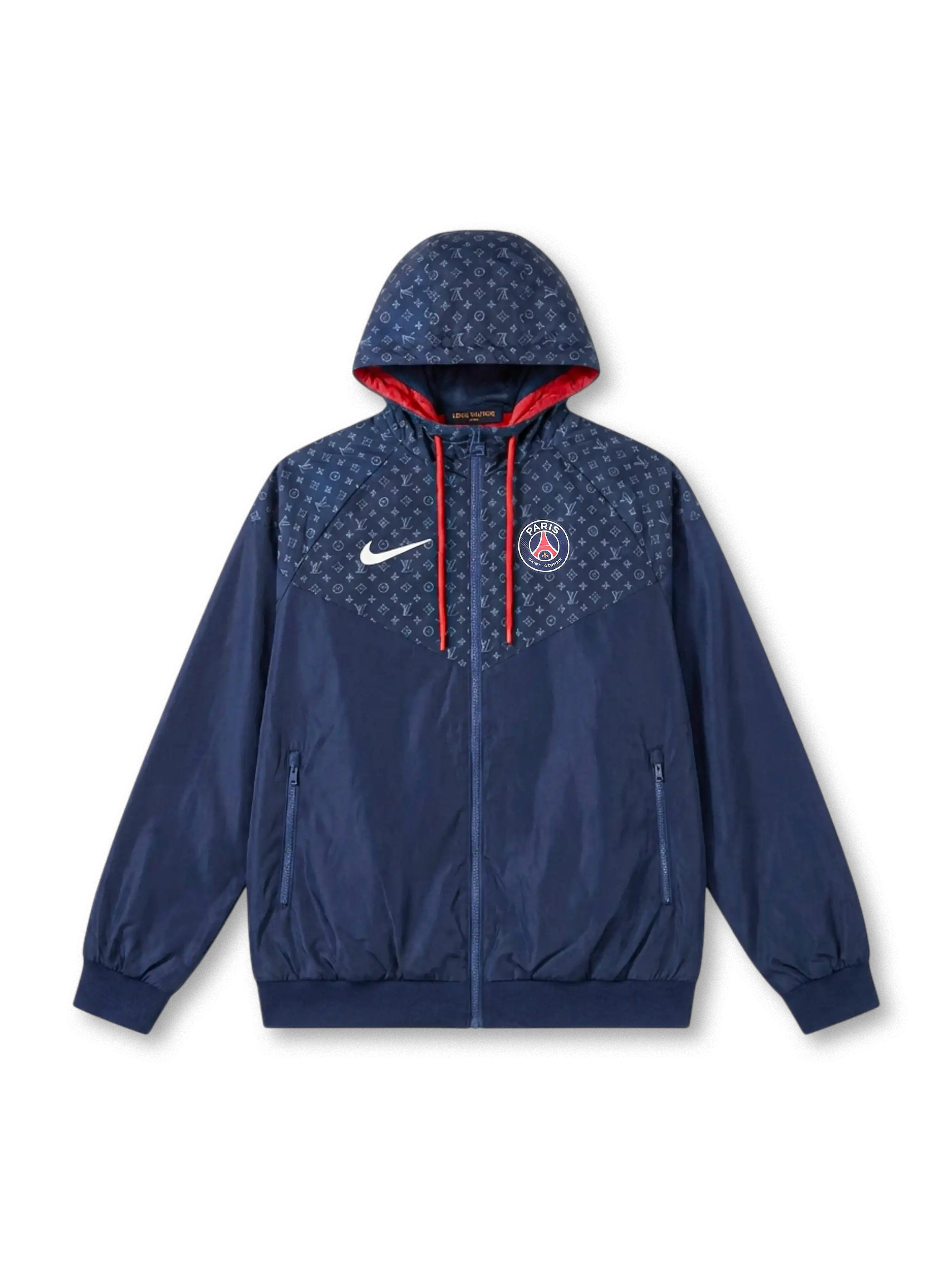 Paris Saint-Germain × Nike × Louis Vuitton navy Windrunner jacket with tonal LV monogram yoke and hood panel, Nike Swoosh at left chest, PSG crest at right, red drawstrings