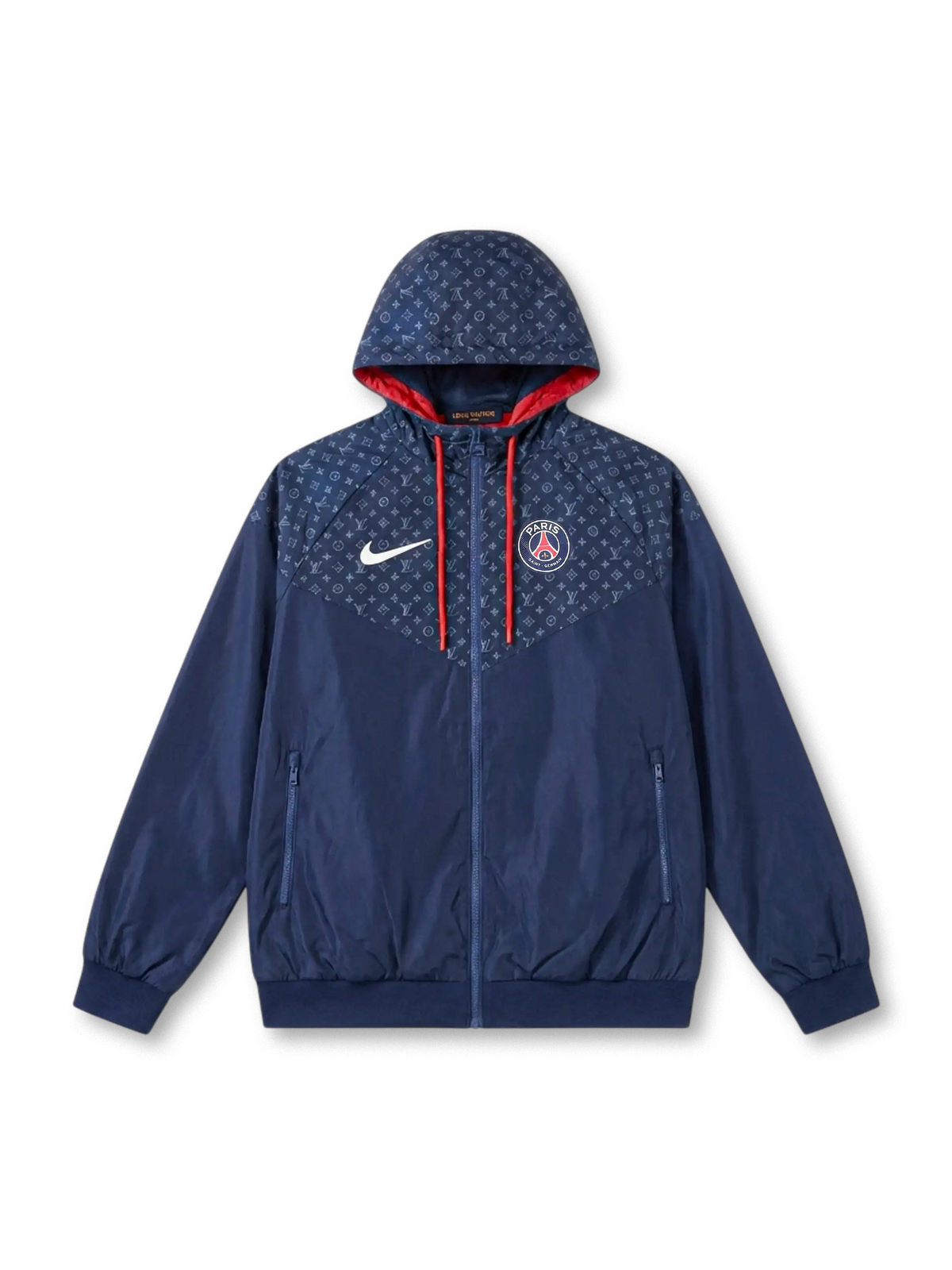Paris Saint-Germain × Nike × Louis Vuitton navy Windrunner jacket with tonal LV monogram yoke and hood panel, Nike Swoosh at left chest, PSG crest at right, red drawstrings