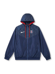 Paris Saint-Germain × Nike × Louis Vuitton navy Windrunner jacket with tonal LV monogram yoke and hood panel, Nike Swoosh at left chest, PSG crest at right, red drawstrings