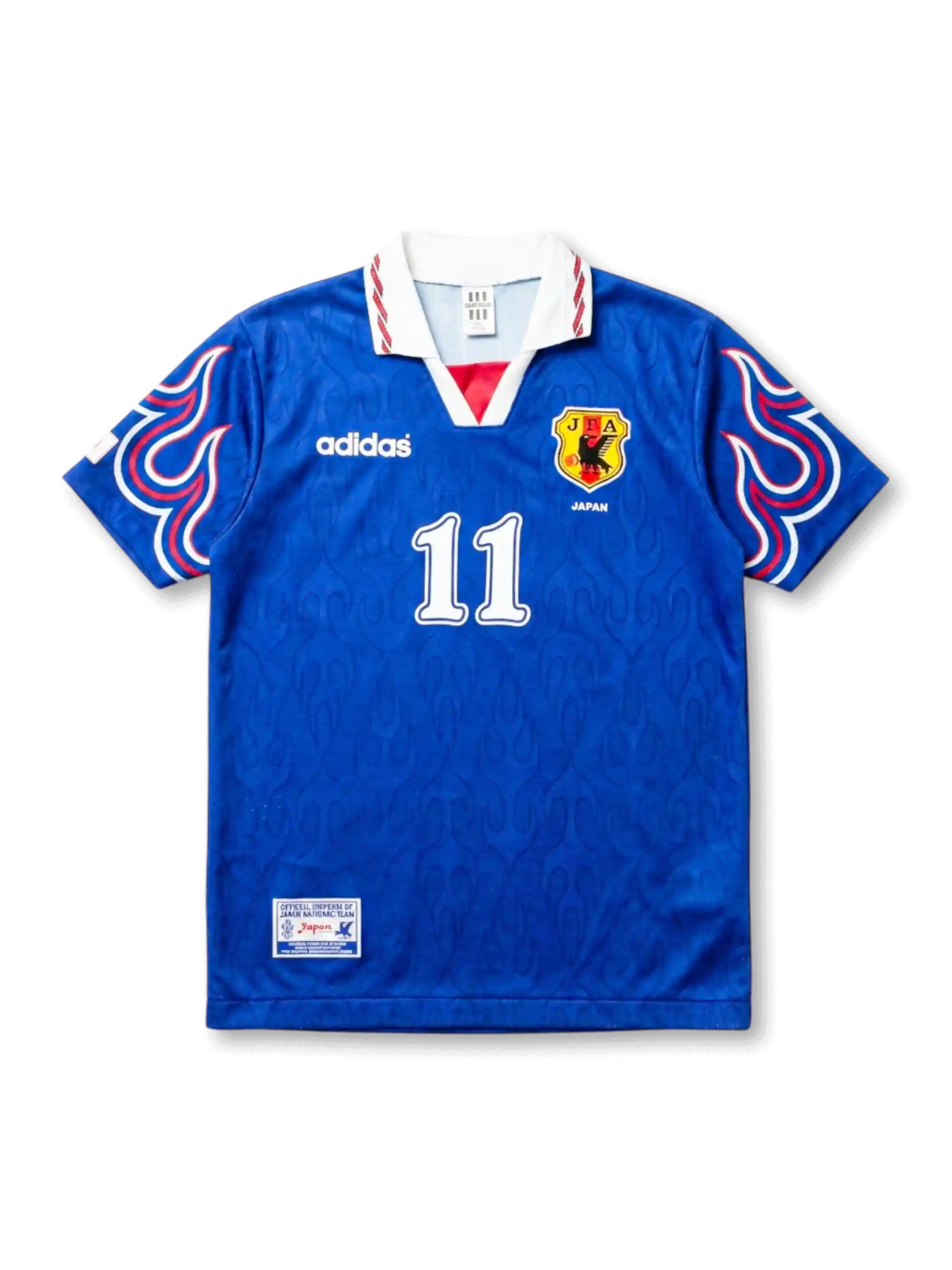 Front view of Japan 1997-98 home shirt with blue body, flame sleeve graphics, JFA crest, and #11 front number.