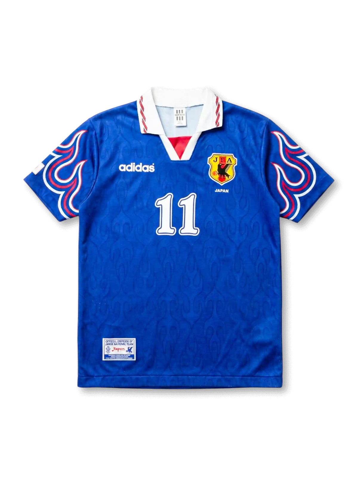 Front view of Japan 1997-98 home shirt with blue body, flame sleeve graphics, JFA crest, and #11 front number.