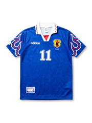 Front view of Japan 1997-98 home shirt with blue body, flame sleeve graphics, JFA crest, and #11 front number.