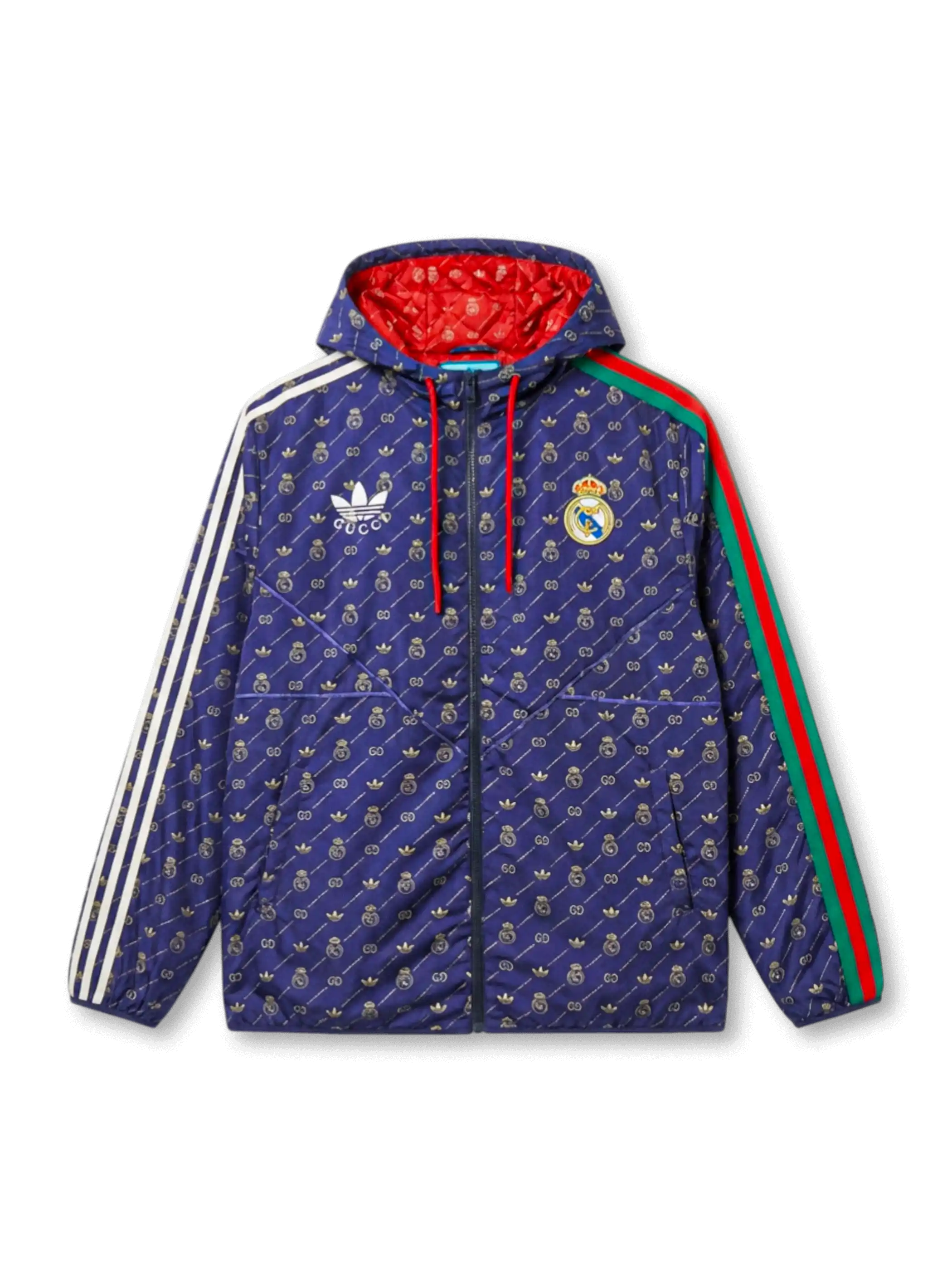 Real Madrid × adidas × Gucci 2022 navy hooded jacket with allover GG, Trefoil, and Real Madrid crest monogram print in gold, Three Stripes on left sleeve, Gucci Web stripe on right, red hood lining visible