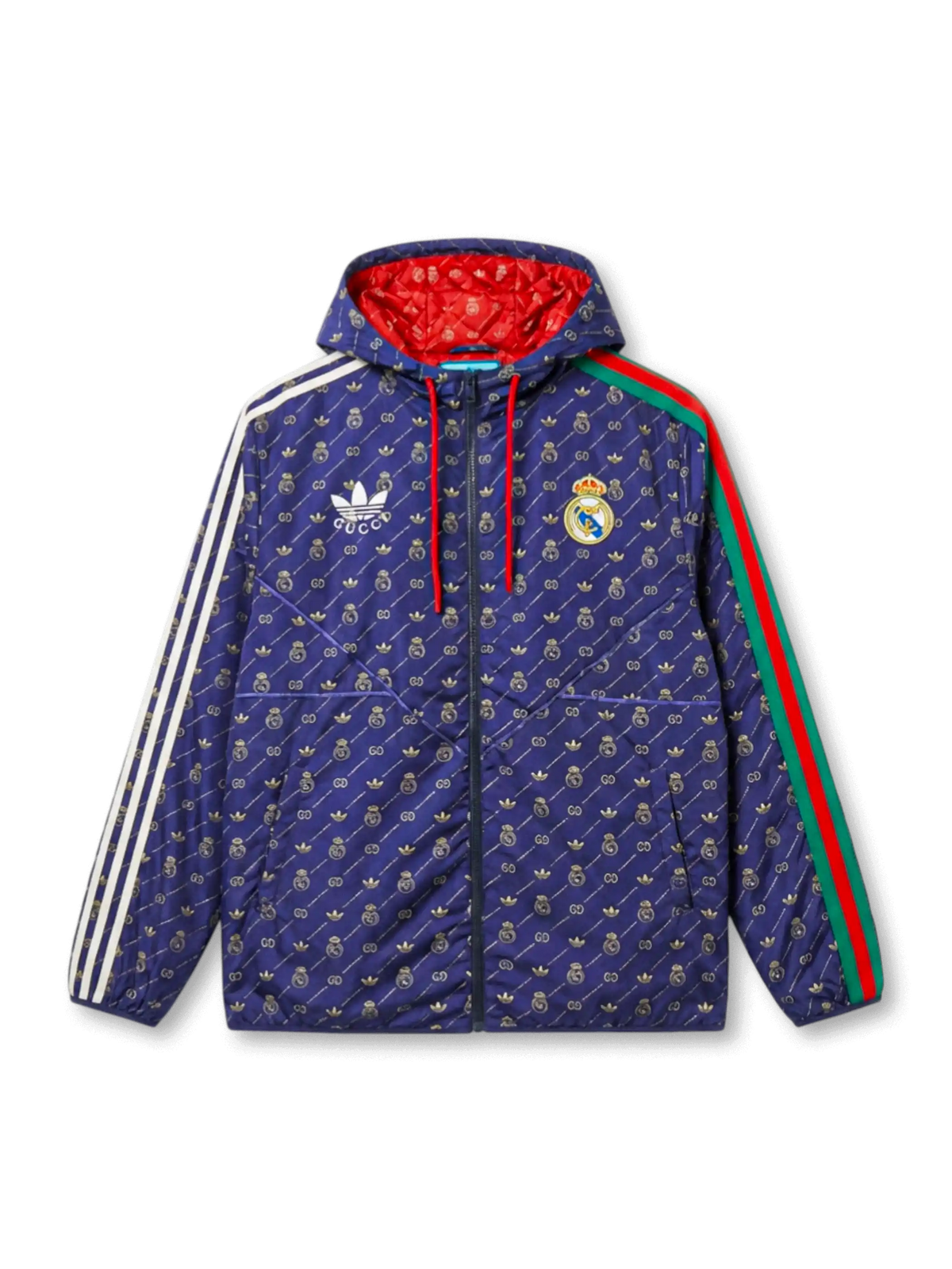 Real Madrid × adidas × Gucci 2022 navy hooded jacket with allover GG, Trefoil, and Real Madrid crest monogram print in gold, Three Stripes on left sleeve, Gucci Web stripe on right, red hood lining visible