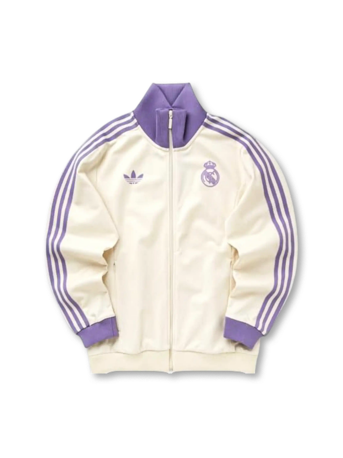 Real Madrid adidas Originals Beckenbauer track jacket in cream with lavender purple Three Stripes, ribbed collar and cuffs, tonal purple Real Madrid crest and Trefoil logo at chest