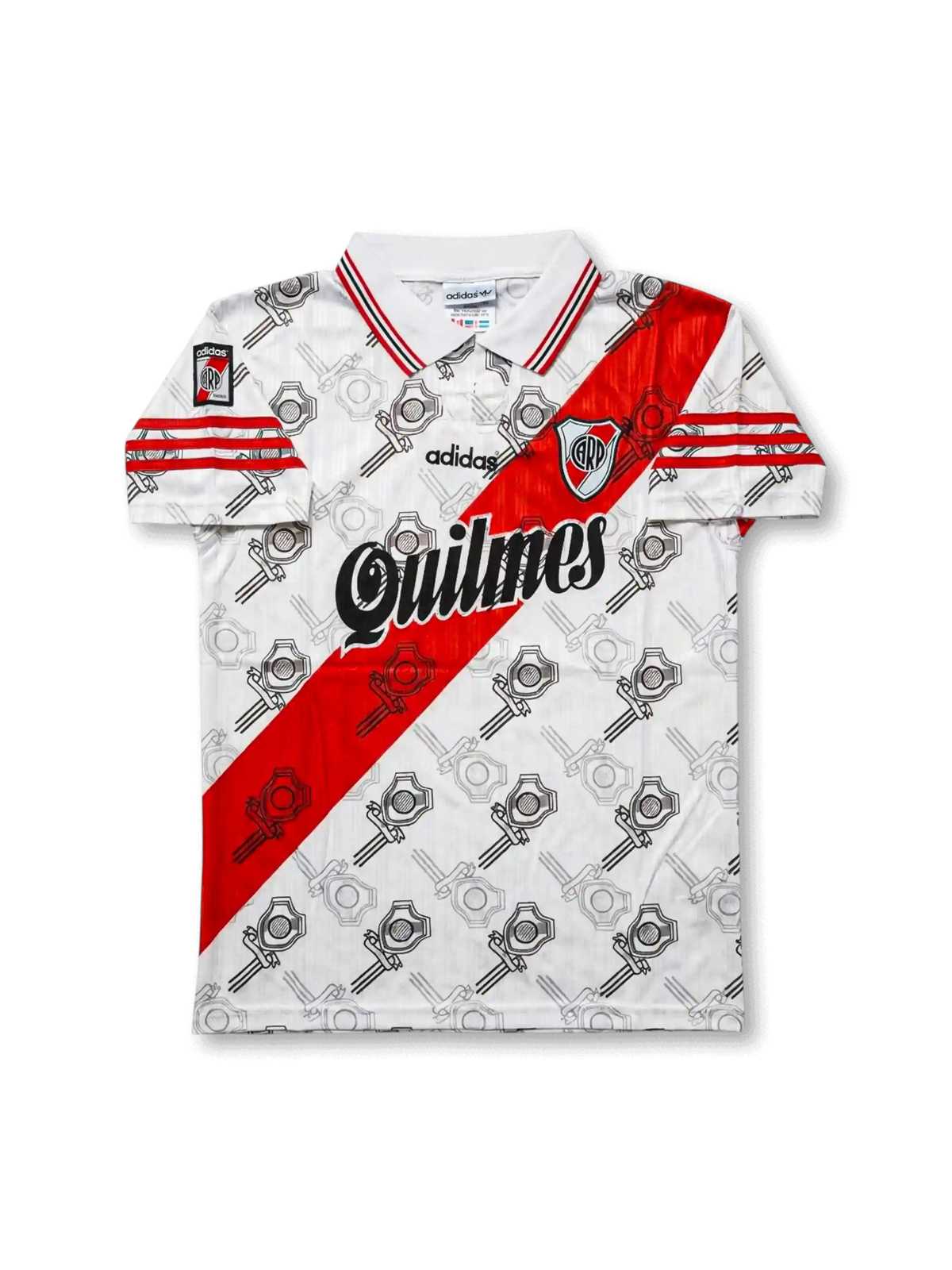 Front view of River Plate 1996–97 home shirt in white with red diagonal sash, Quilmes sponsor, adidas logo, club crest, and all-over graphic pattern.
