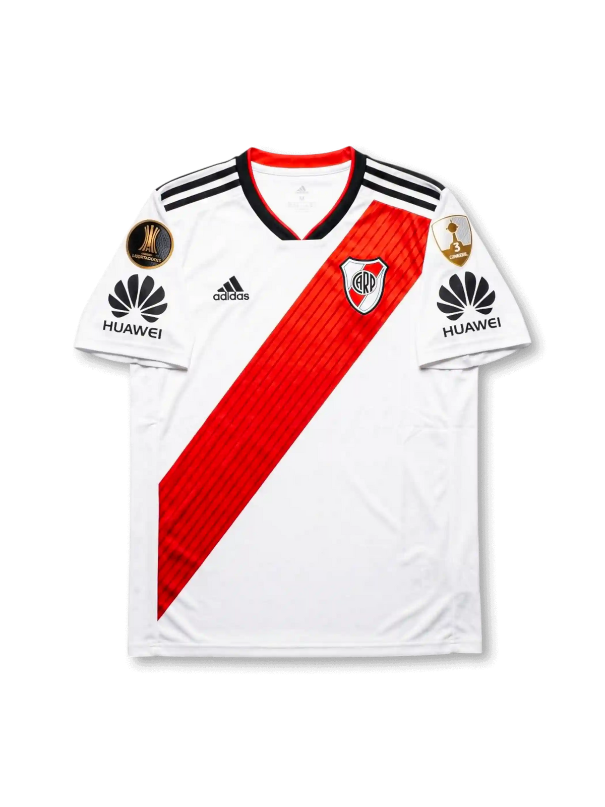 Front view of River Plate home shirt in white with red diagonal sash, black adidas logo, club crest, Huawei sleeve sponsor, and competition patches.