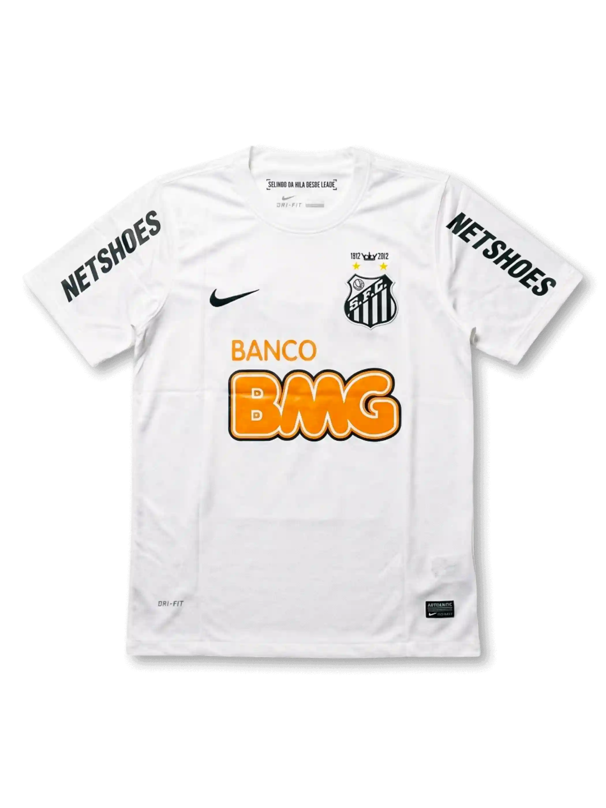 Front view of Santos 2012 centenary home shirt in white with Banco BMG sponsor, black swoosh, anniversary crest, and NETSHOES sleeve print.