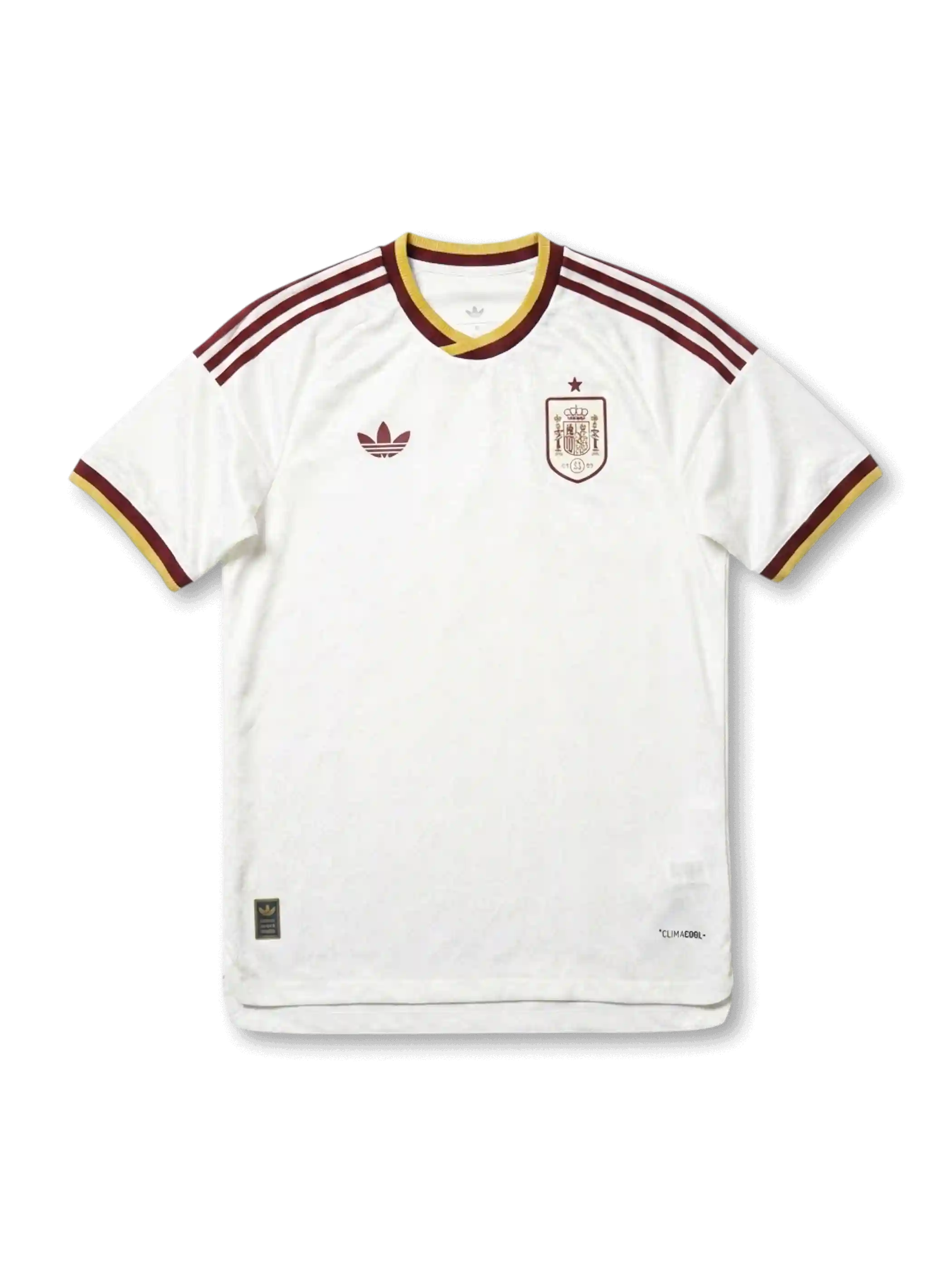 Spain national team adidas 2026 World Cup Authentic (Player Issue) away jersey in white with burgundy Three Stripes, gold-tipped crew collar, Trefoil at left chest, single-star RFEF heraldic crest at right chest, burgundy and gold sleeve cuffs