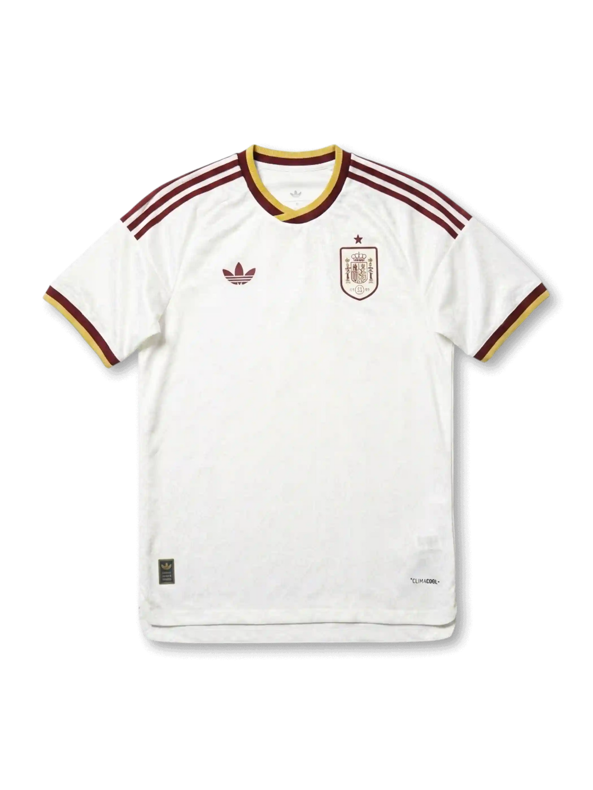 Spain national team adidas 2026 World Cup Authentic (Player Issue) away jersey in white with burgundy Three Stripes, gold-tipped crew collar, Trefoil at left chest, single-star RFEF heraldic crest at right chest, burgundy and gold sleeve cuffs