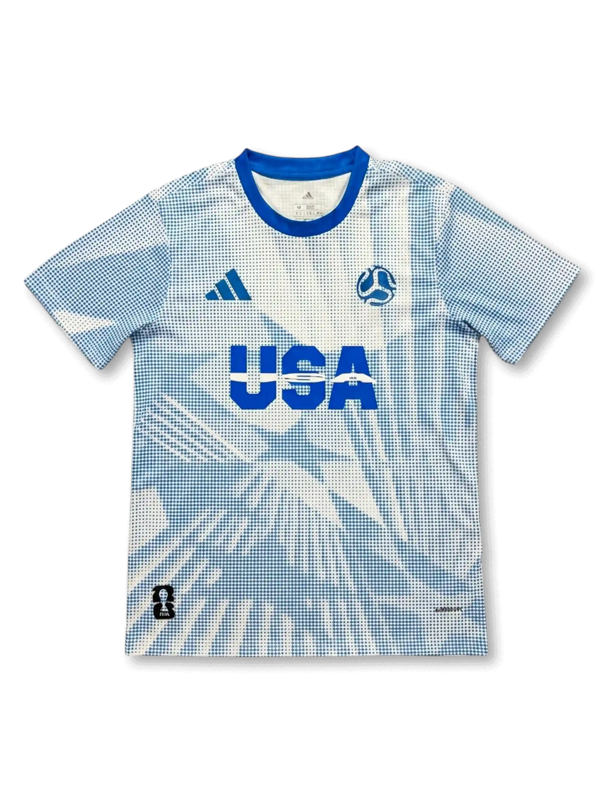 USA national team adidas 2026 FIFA World Cup pre-match jersey in white with allover blue halftone dot print, bold USA lettering at center chest, adidas logo at left, FIFA World Cup 2026 ball badge at right, royal blue crew collar, host nation badge at lower left hem
