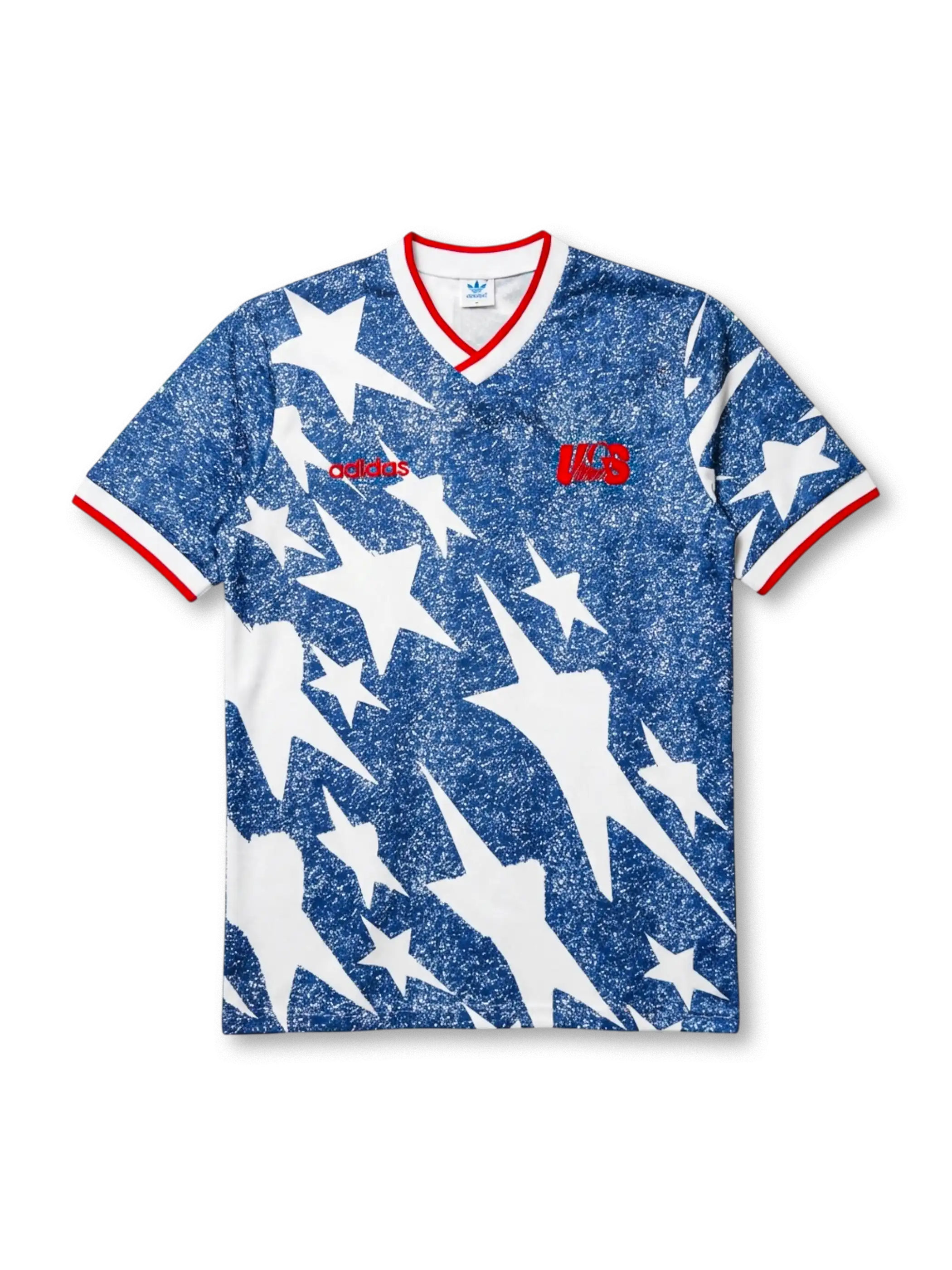 USA national team adidas Originals 1994 retro jersey with allover denim-blue star and lightning bolt print, red adidas wordmark at left chest, red USA script badge at right chest, red V-neck and sleeve cuff trim