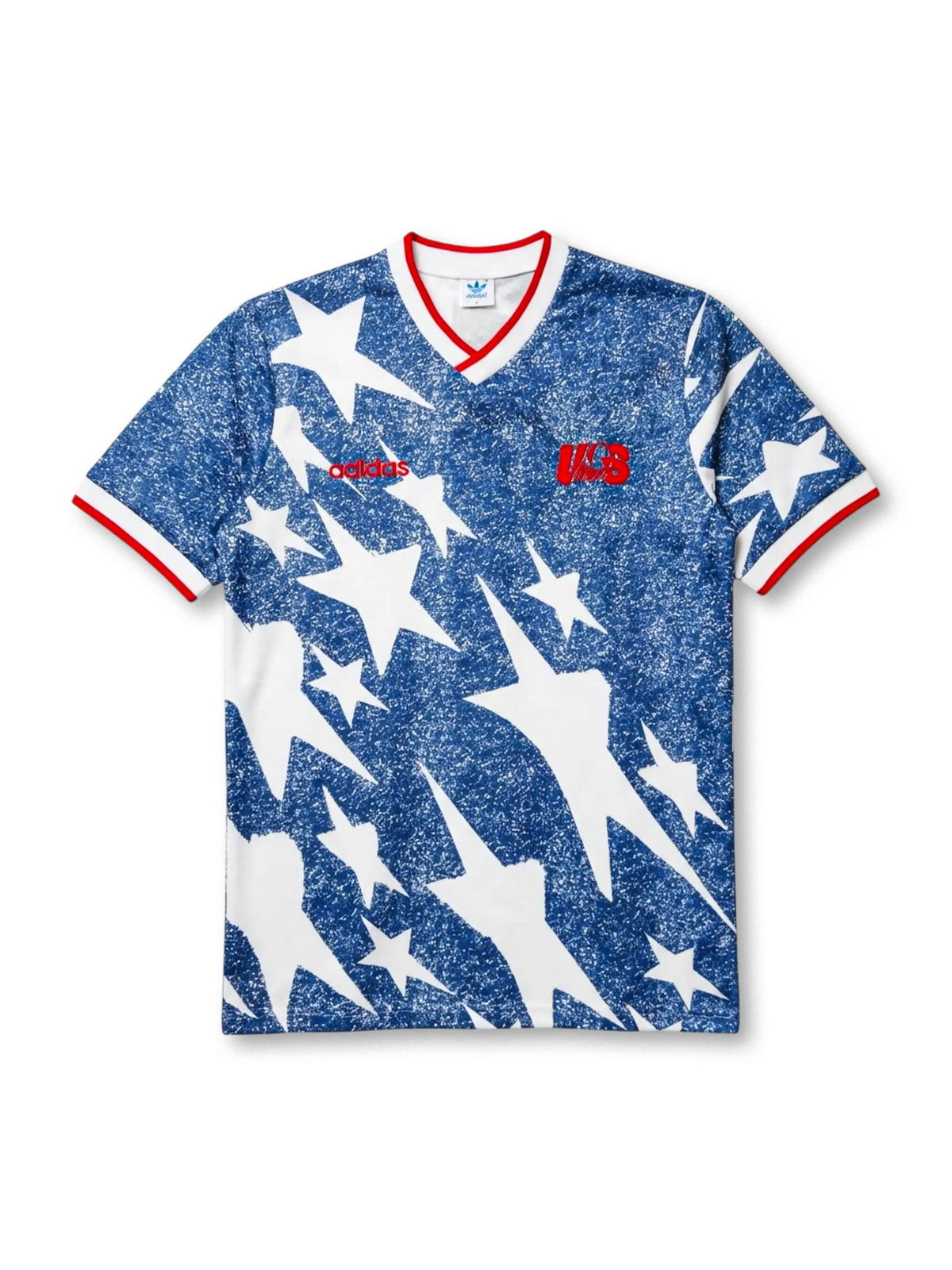 USA national team adidas Originals 1994 retro jersey with allover denim-blue star and lightning bolt print, red adidas wordmark at left chest, red USA script badge at right chest, red V-neck and sleeve cuff trim