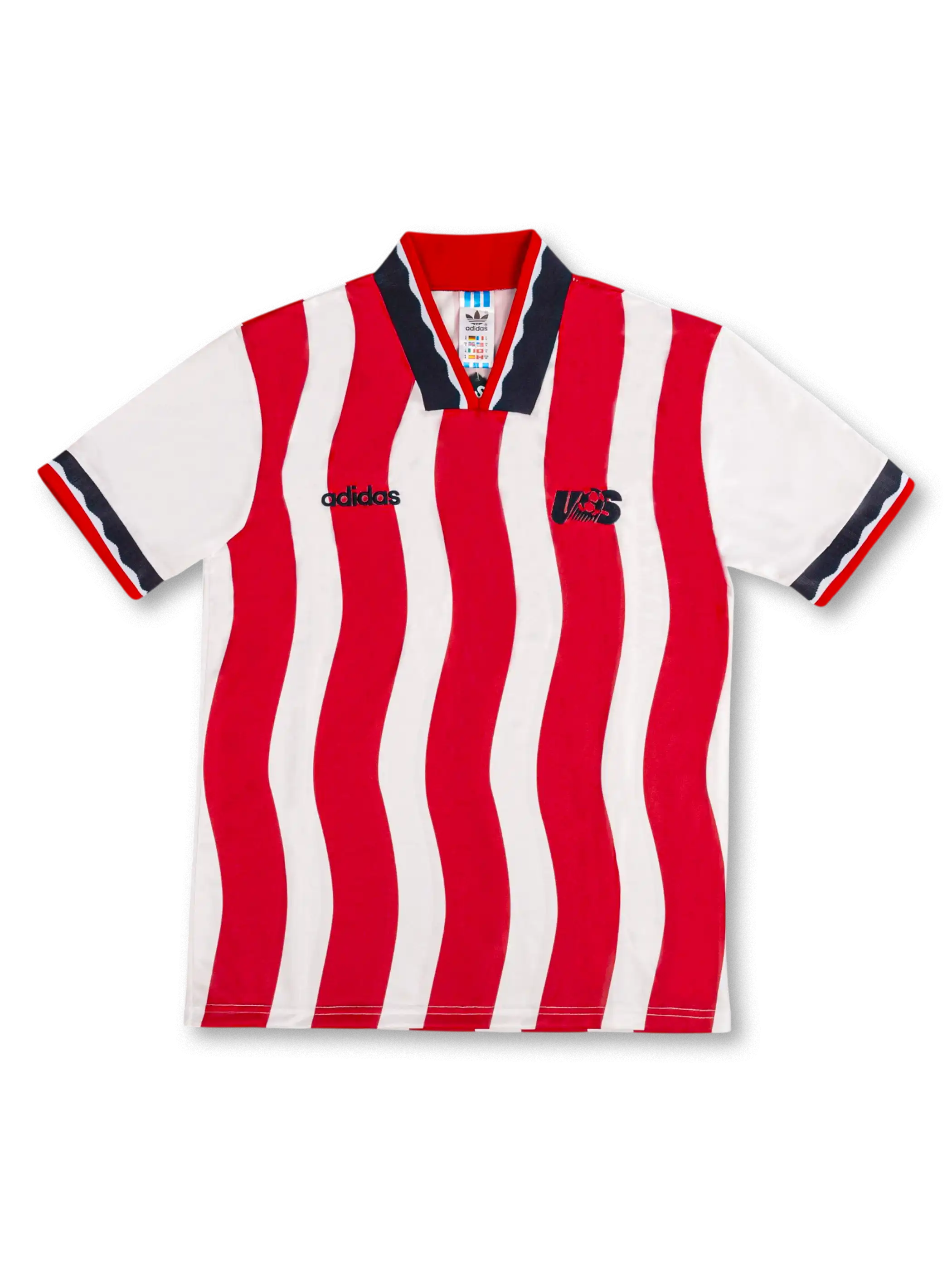 USA national team adidas Originals 1994 retro home jersey with full-body wavy red and white vertical stripes, navy polo collar with red lining, black adidas wordmark at left chest, black USA script badge at right chest