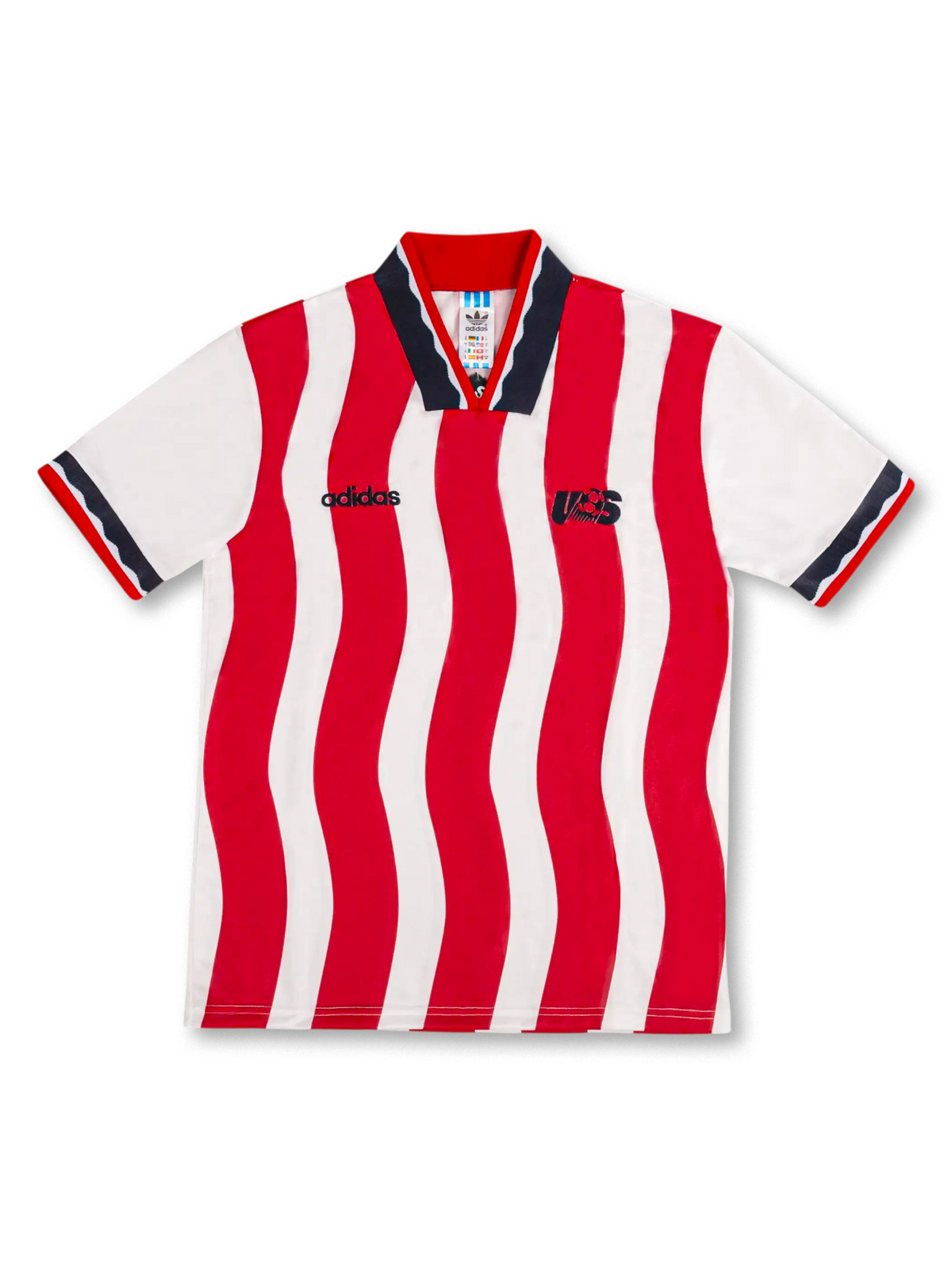 USA national team adidas Originals 1994 retro home jersey with full-body wavy red and white vertical stripes, navy polo collar with red lining, black adidas wordmark at left chest, black USA script badge at right chest