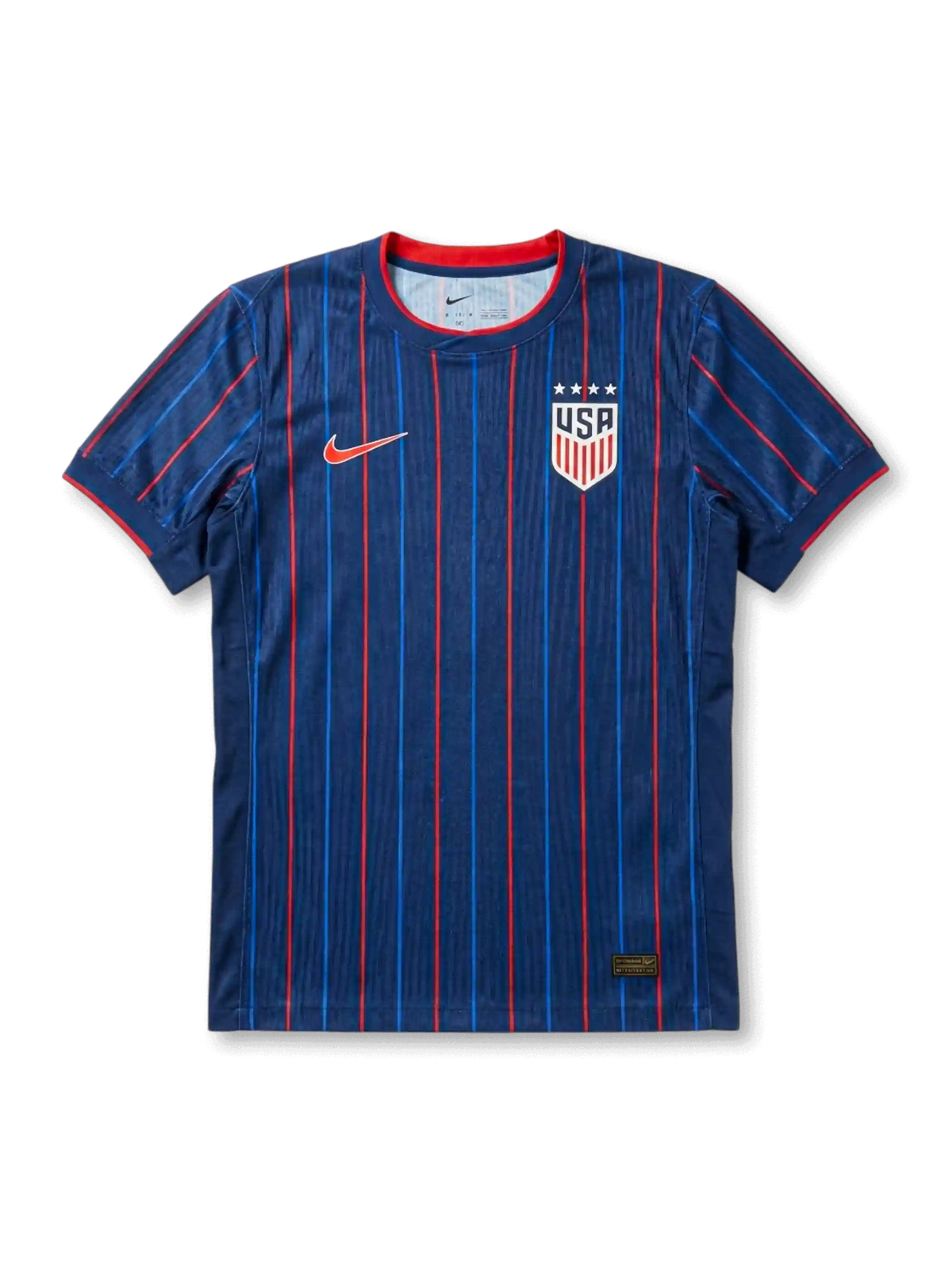 USA national team Nike 2025/26 World Cup Authentic (Player Issue) away jersey in navy with alternating red and blue vertical pinstripes, four-star USA shield crest in white at right chest, red Swoosh at left chest, red crew collar and sleeve cuff bands