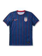 USA national team Nike 2025/26 World Cup Authentic (Player Issue) away jersey in navy with alternating red and blue vertical pinstripes, four-star USA shield crest in white at right chest, red Swoosh at left chest, red crew collar and sleeve cuff bands