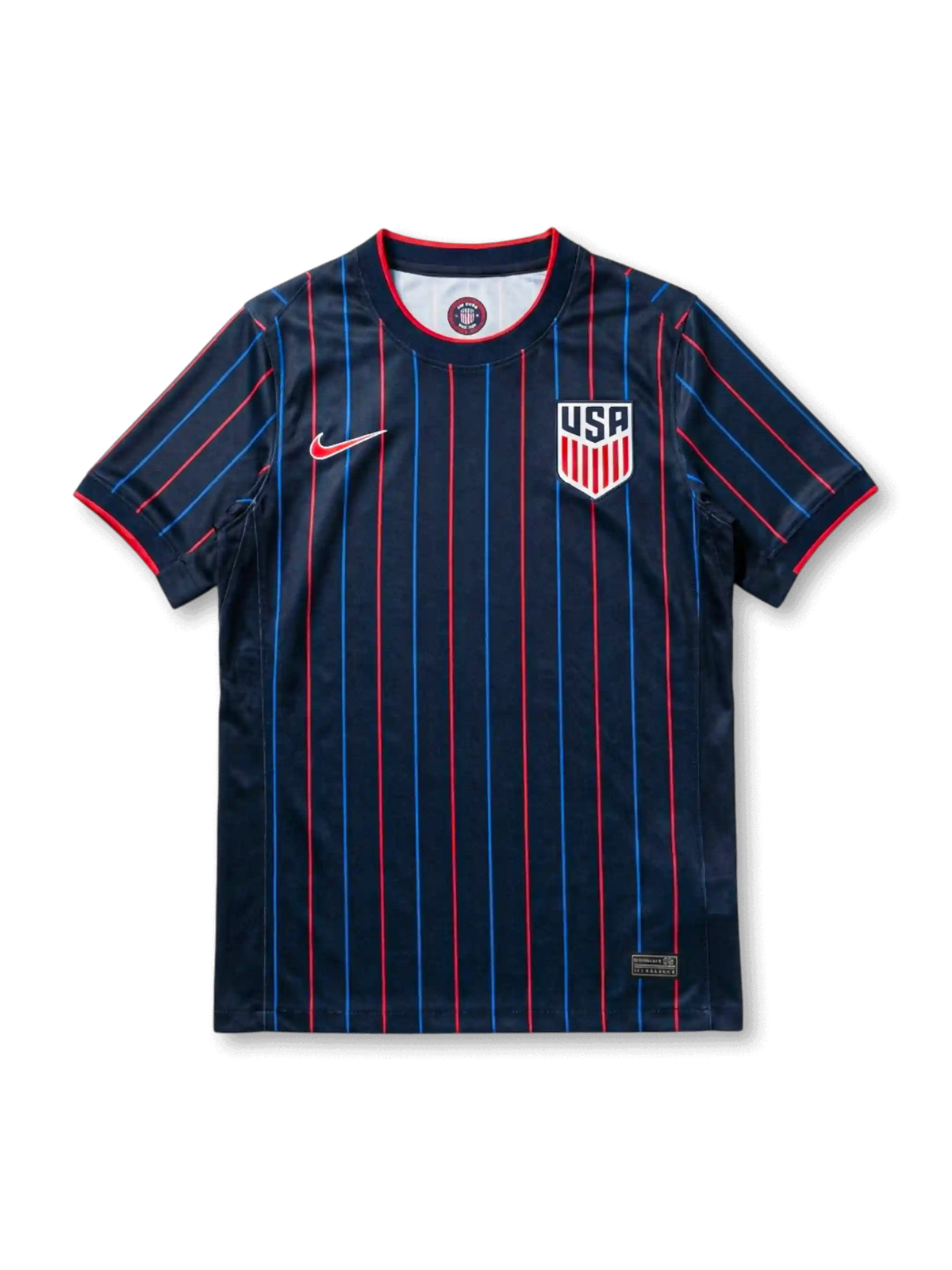 USA national team Nike 2025/26 World Cup away jersey in navy with alternating red and blue vertical pinstripes, red crew collar with white inner trim, red Swoosh at left chest, USA shield crest in white at right chest, red sleeve cuff bands