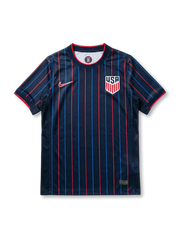 USA national team Nike 2025/26 World Cup away jersey in navy with alternating red and blue vertical pinstripes, red crew collar with white inner trim, red Swoosh at left chest, USA shield crest in white at right chest, red sleeve cuff bands
