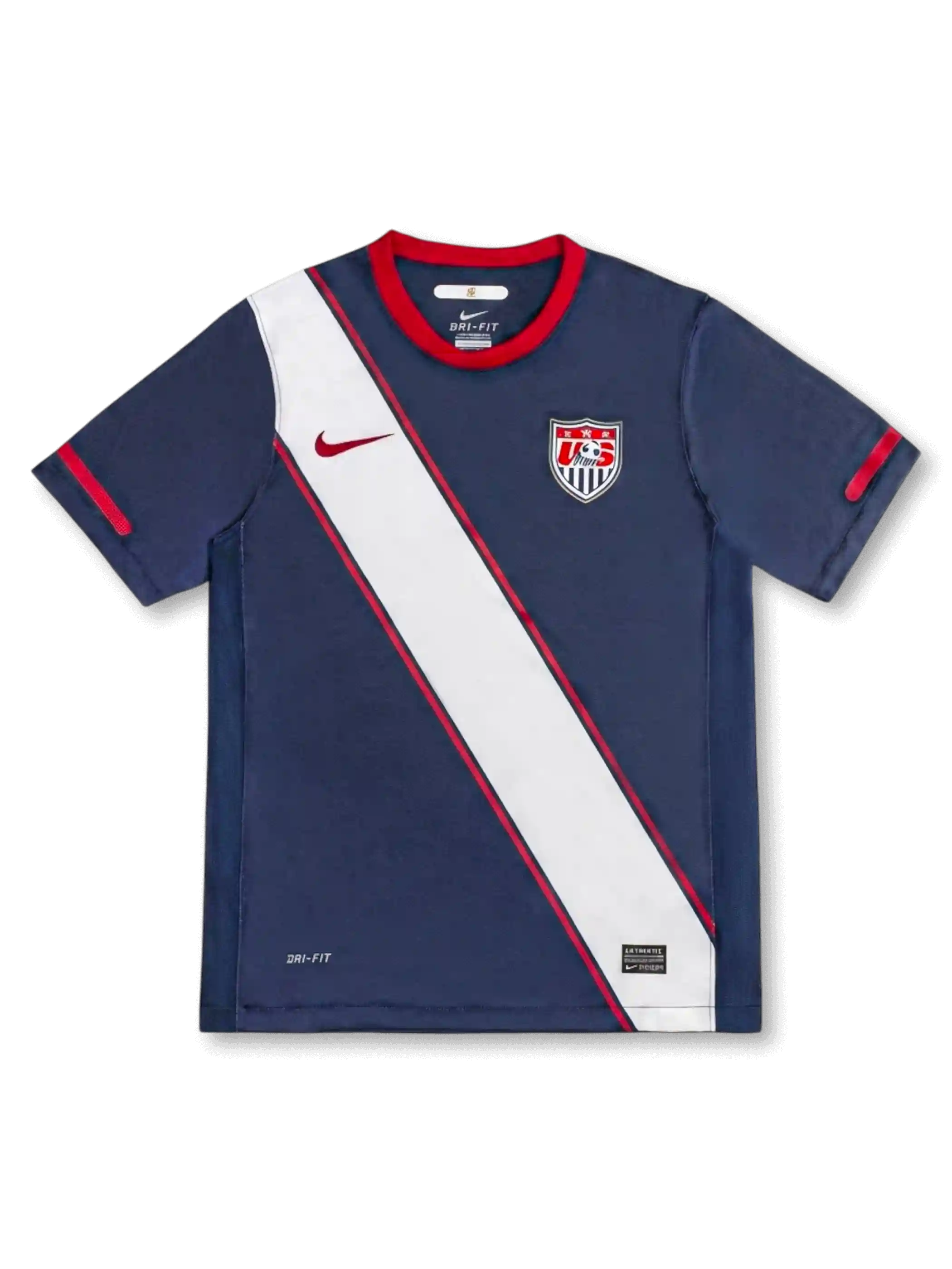 USA national team Nike 2010 World Cup away jersey in navy with wide diagonal white and red sash across front body, red crew collar, red Swoosh at left chest, US Soccer shield crest at right chest