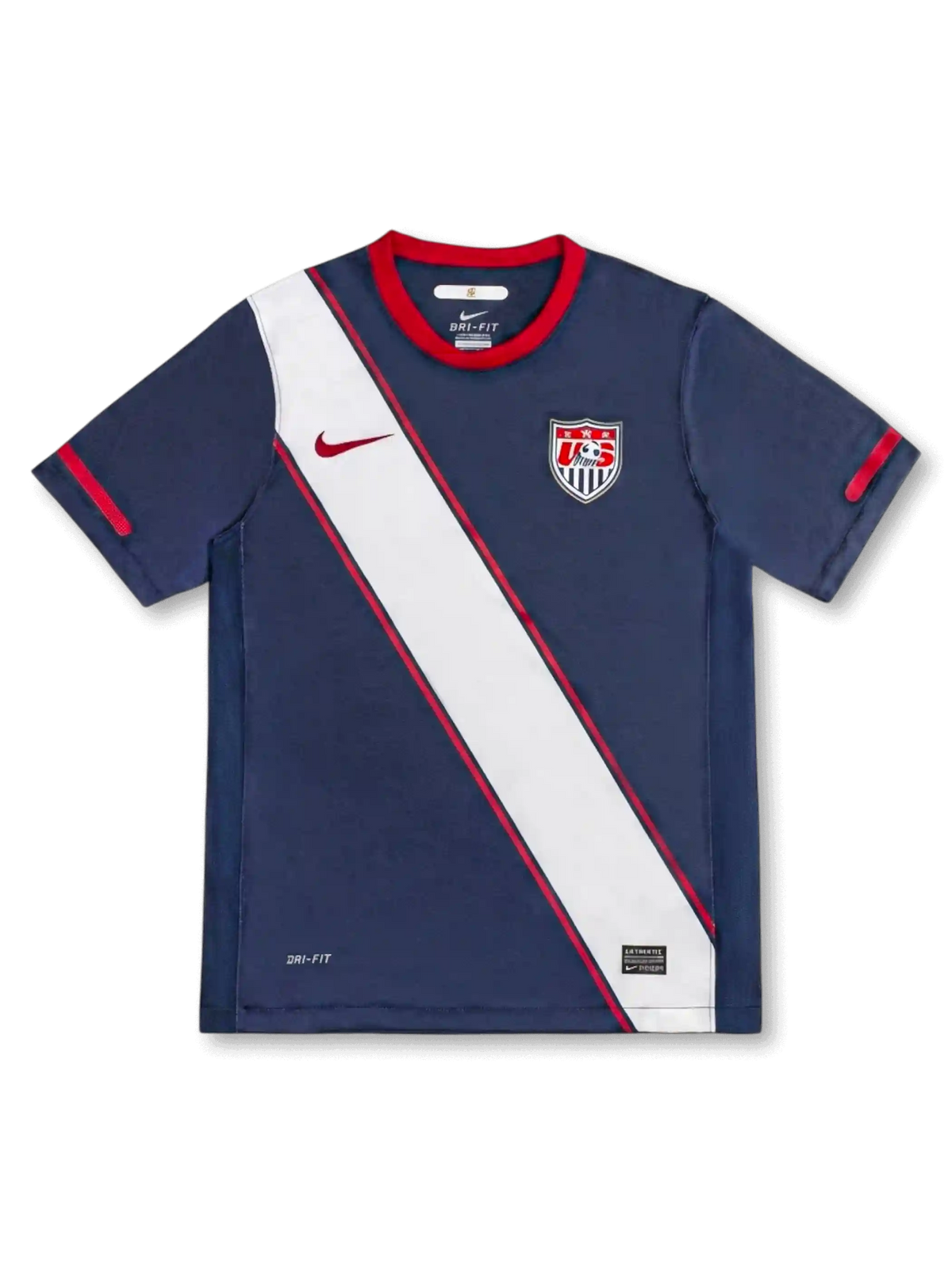 USA national team Nike 2010 World Cup away jersey in navy with wide diagonal white and red sash across front body, red crew collar, red Swoosh at left chest, US Soccer shield crest at right chest