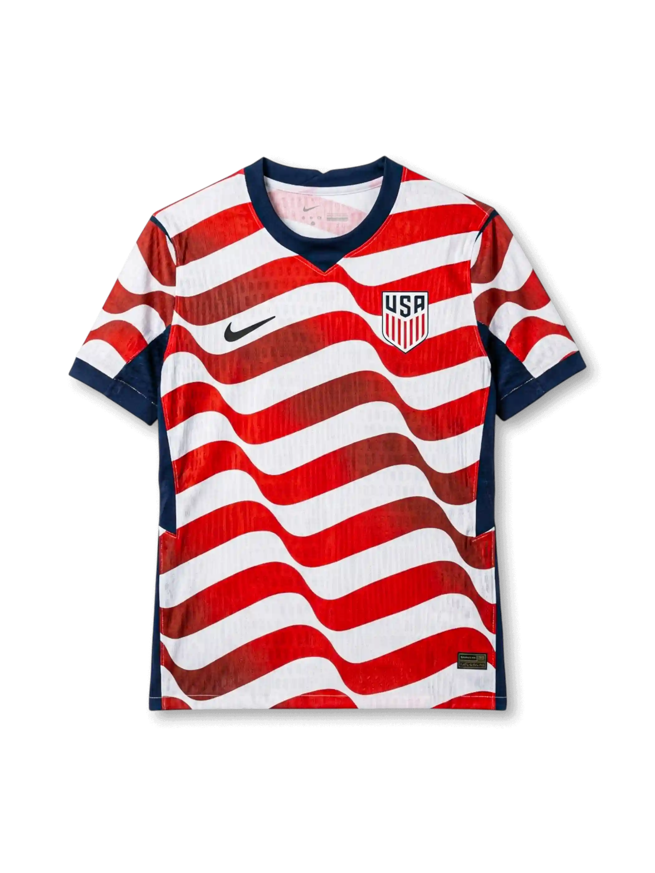 USA national team Nike 2026 World Cup Authentic (Player Issue) home jersey with full-body wavy red and white stripe pattern, navy curved side panels, navy V-neck collar, black Swoosh at left chest, USA shield crest at right chest
