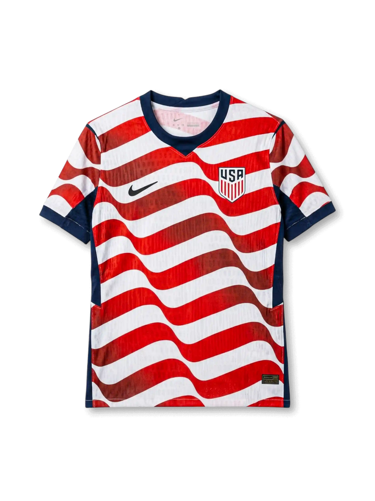 USA national team Nike 2026 World Cup Authentic (Player Issue) home jersey with full-body wavy red and white stripe pattern, navy curved side panels, navy V-neck collar, black Swoosh at left chest, USA shield crest at right chest