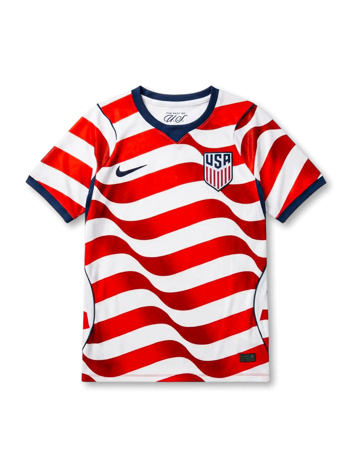 USA national team Nike 2026/27 home jersey in white with full-body wavy red and white stripe pattern, navy V-neck collar, navy curved side panels, navy Swoosh at left chest, USA shield crest at right chest, navy sleeve cuff bands