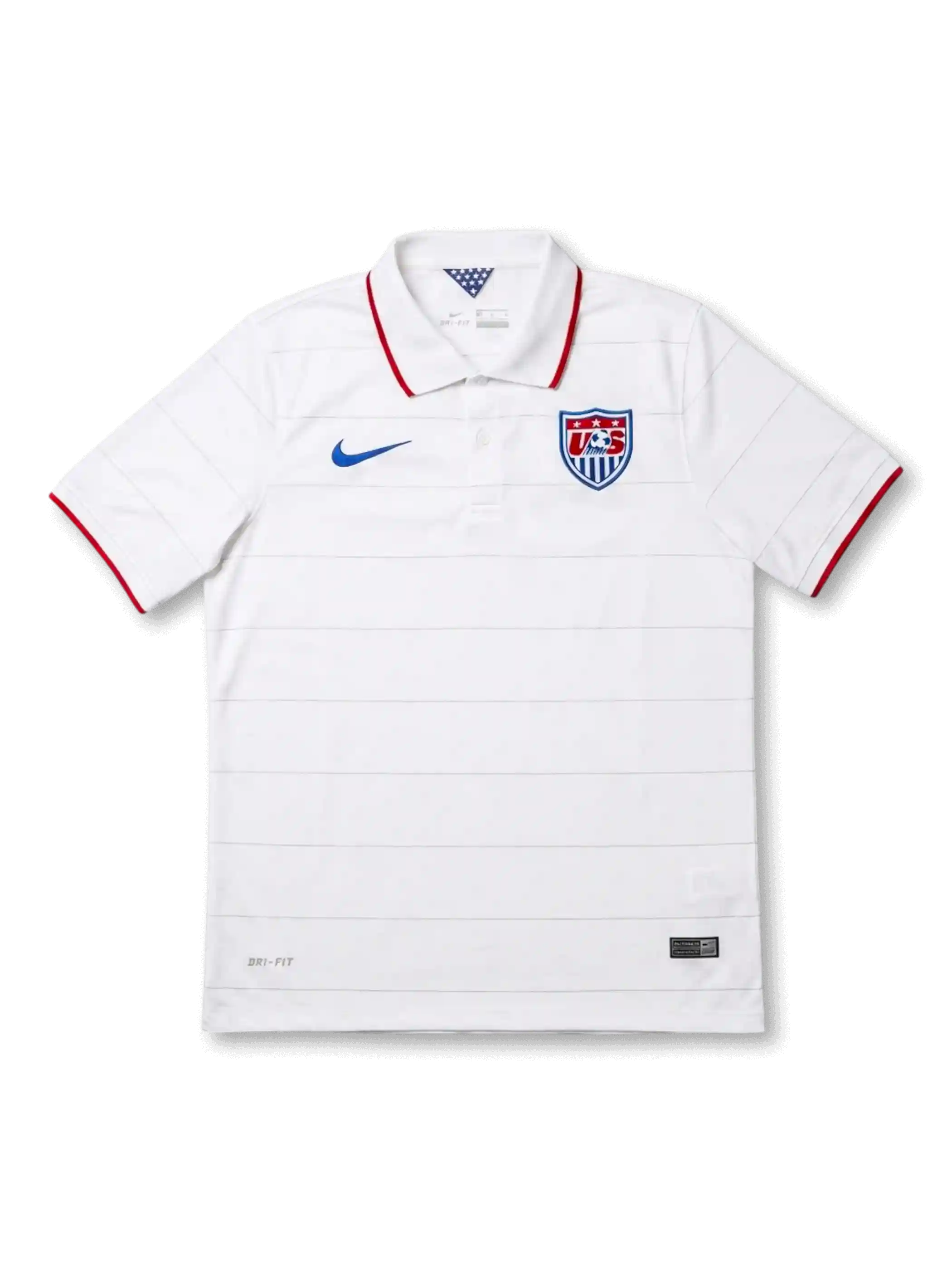 USA national team Nike 2014 World Cup home jersey in white with tonal horizontal stripe texture, red-tipped polo collar, blue Swoosh at left chest, US Soccer shield crest at right chest, red sleeve cuff trim