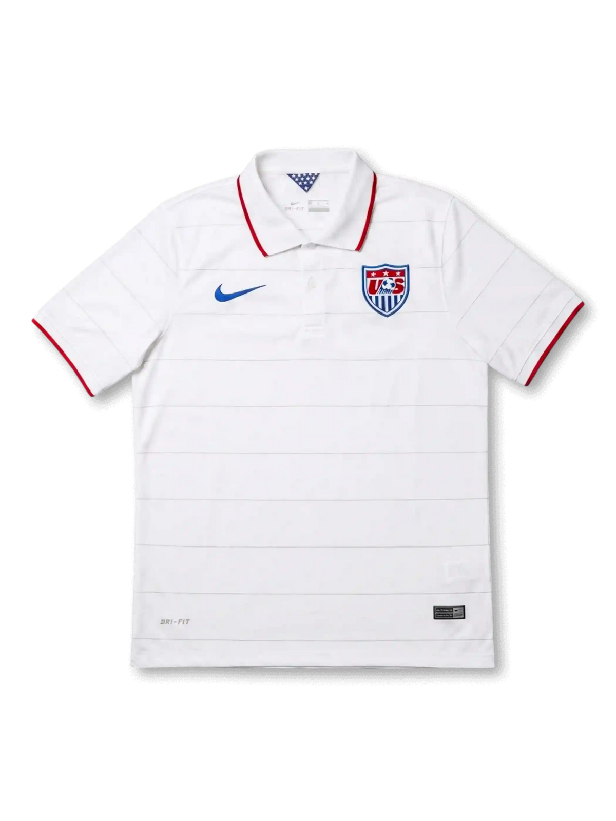 USA national team Nike 2014 World Cup home jersey in white with tonal horizontal stripe texture, red-tipped polo collar, blue Swoosh at left chest, US Soccer shield crest at right chest, red sleeve cuff trim