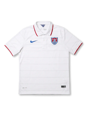 USA national team Nike 2014 World Cup home jersey in white with tonal horizontal stripe texture, red-tipped polo collar, blue Swoosh at left chest, US Soccer shield crest at right chest, red sleeve cuff trim