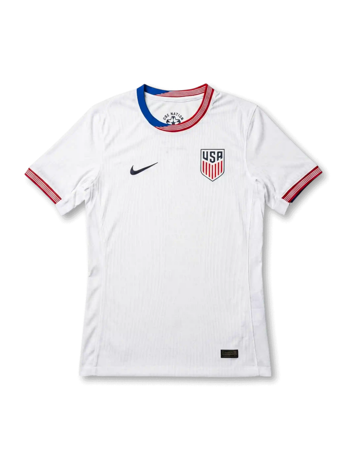 USA national team Nike 2024/25 home jersey in white with tonal vertical pinstripe texture, ONE NATION tricolor layered crew collar in red, white, and blue, navy Swoosh at left chest, USA shield crest at right chest, red and blue sleeve cuff bands