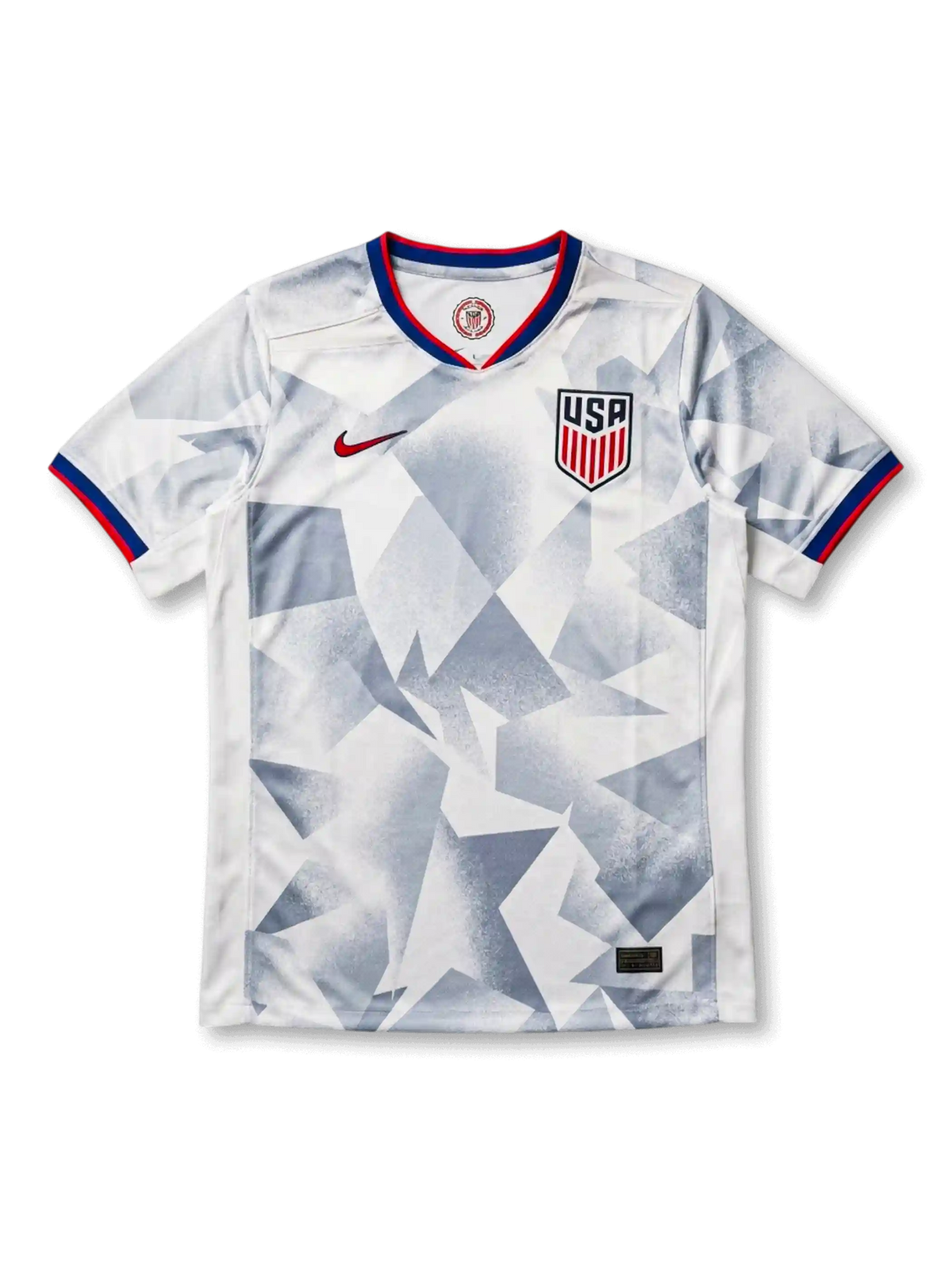 USA national team Nike 2025/26 World Cup away jersey in navy with alternating red and blue vertical pinstripes, red crew collar with white inner trim, red Swoosh at left chest, USA shield crest in white at right chest, red sleeve cuff bands