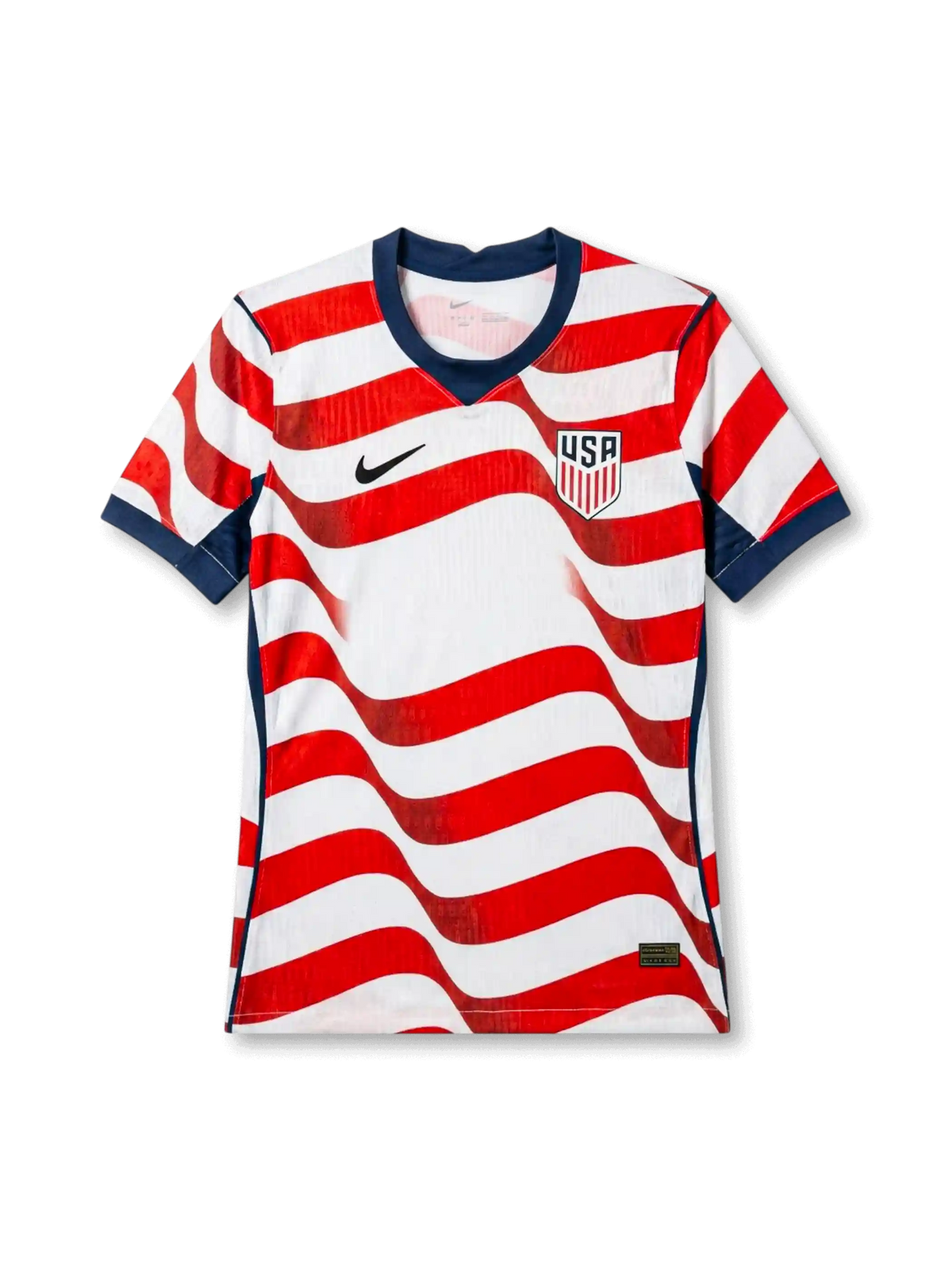 USA national team Nike 2026/27 Special Edition Authentic (Player Issue) jersey with full-body wavy red and white stripe front, navy V-neck collar, navy curved side panels, black Swoosh at left chest, USA shield crest at right chest