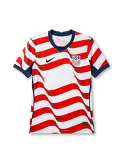 USA national team Nike 2026/27 Special Edition Authentic (Player Issue) jersey with full-body wavy red and white stripe front, navy V-neck collar, navy curved side panels, black Swoosh at left chest, USA shield crest at right chest