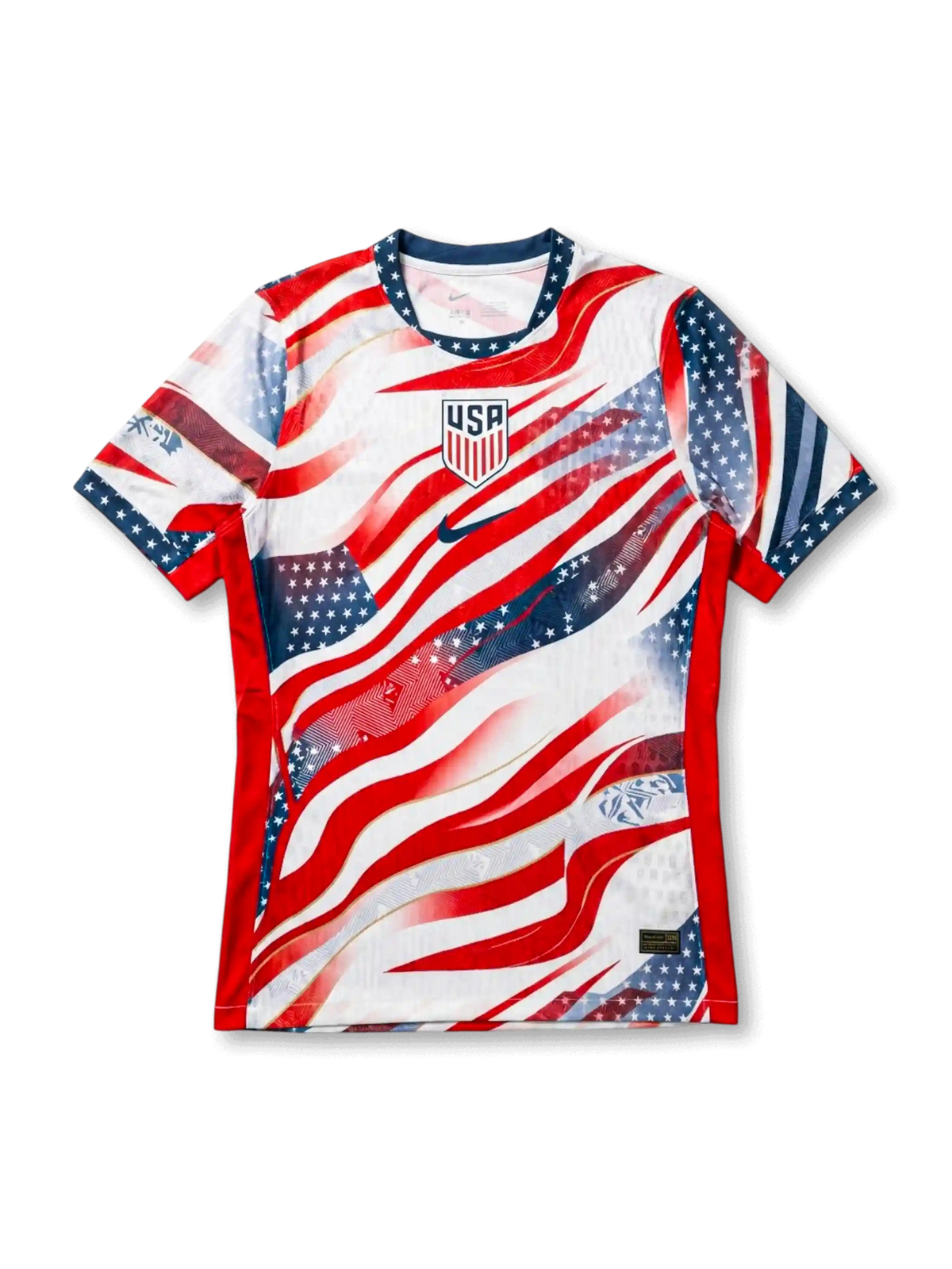 USA national team Nike Special Edition Authentic (Player Issue) jersey with full American flag allover print — dynamic red stripes and navy star canton across white body, star-print navy collar, navy Swoosh and USA shield crest at chest, red side panels