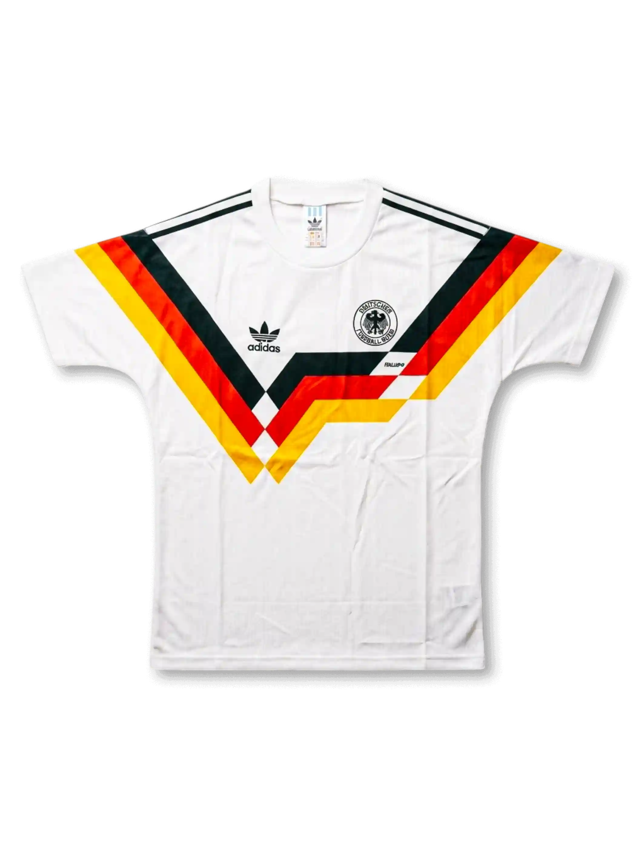 Front view of West Germany 1990 World Cup home retro shirt in white with black, red, and gold chest graphic, classic crest, and adidas detailing.